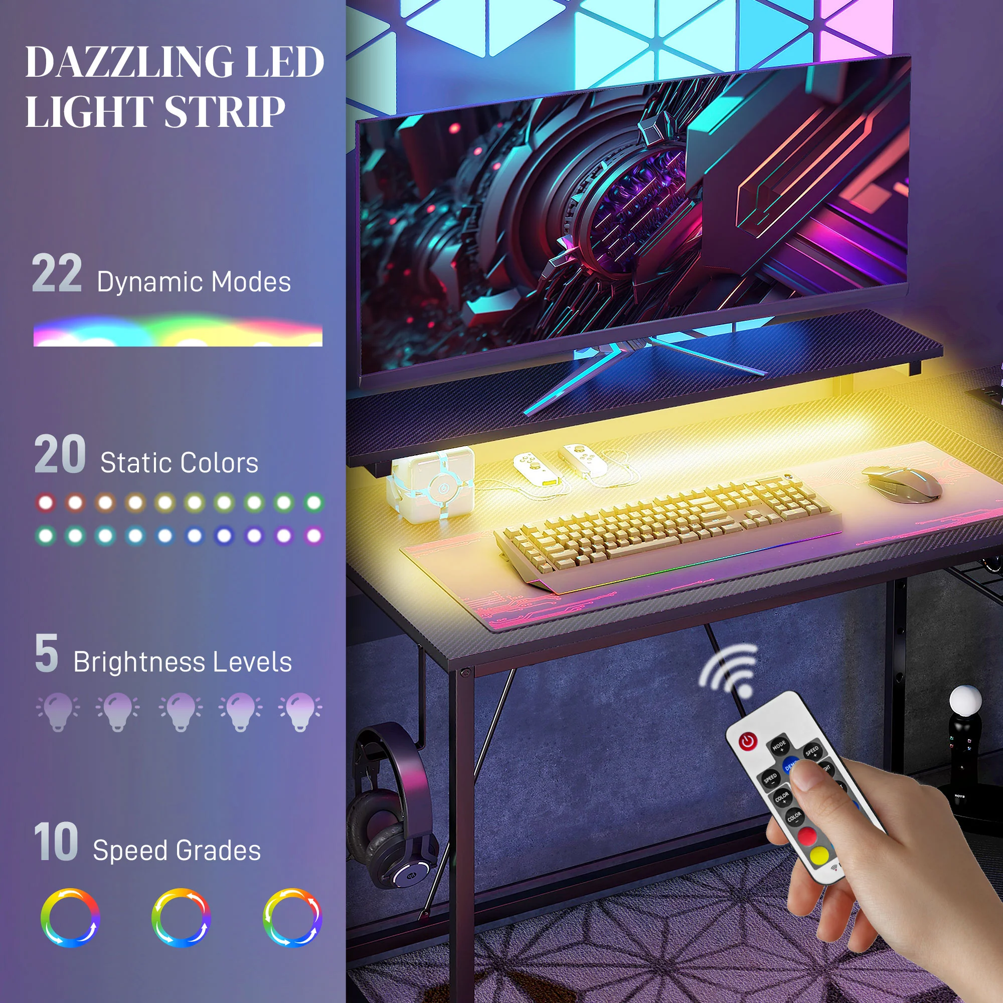 HOMCOM L Shaped Desk With LED Lights Reversible Corner Gaming Desk With Storage - Image 3