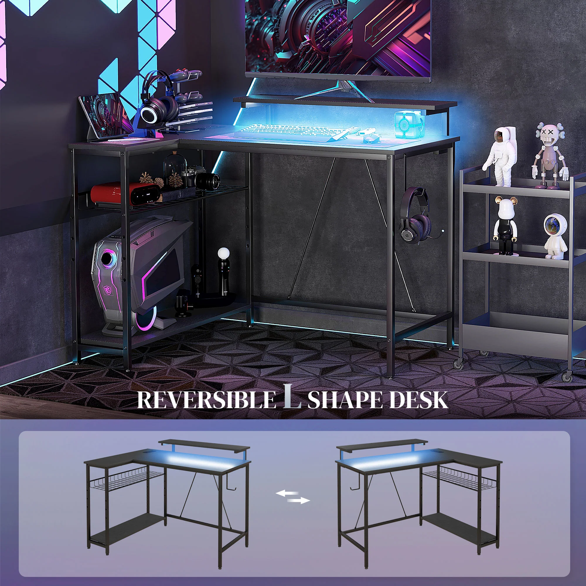 HOMCOM L Shaped Desk With LED Lights Reversible Corner Gaming Desk With Storage - Image 6