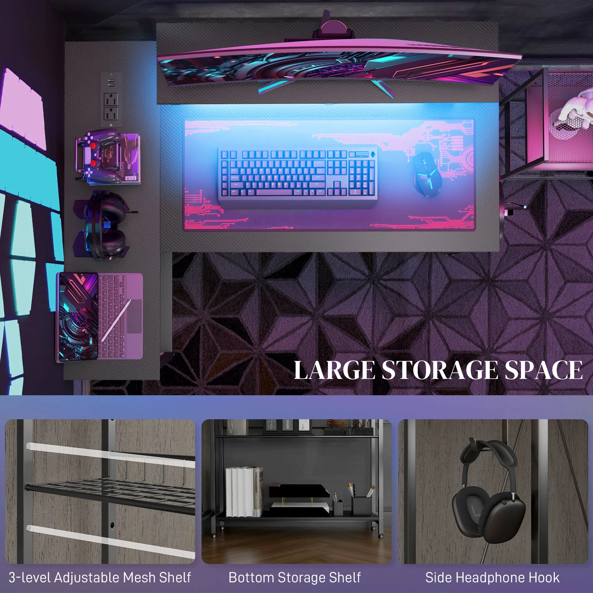 HOMCOM L Shaped Desk With LED Lights Reversible Corner Gaming Desk With Storage - Image 8