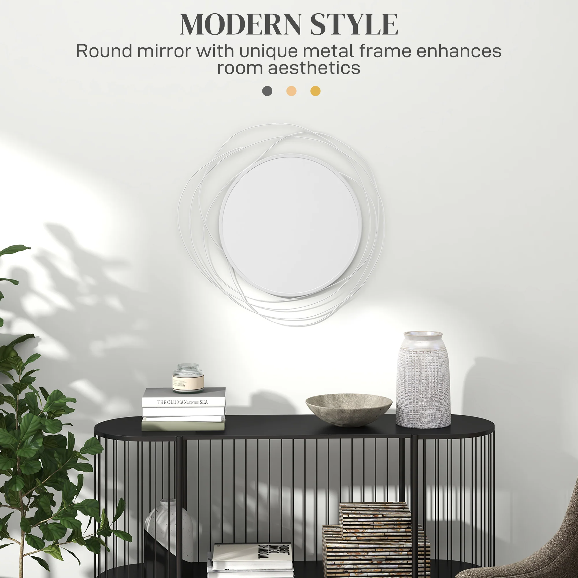 HOMCOM Metal Wall Art 65cm Round Mirror For Living Room Dining Room Silver - Image 3