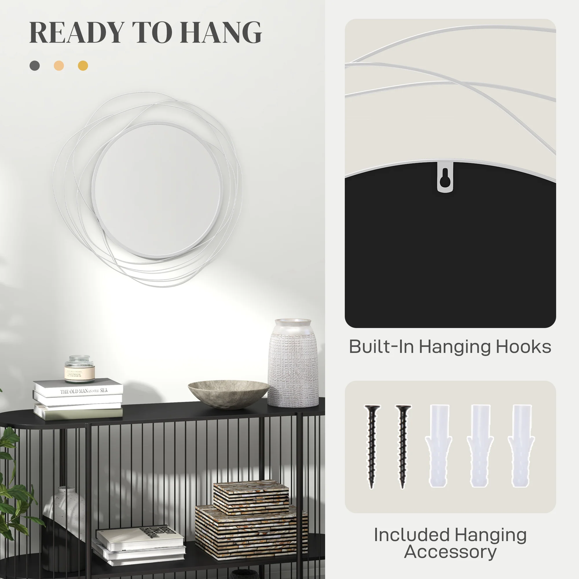 HOMCOM Metal Wall Art 65cm Round Mirror For Living Room Dining Room Silver - Image 4