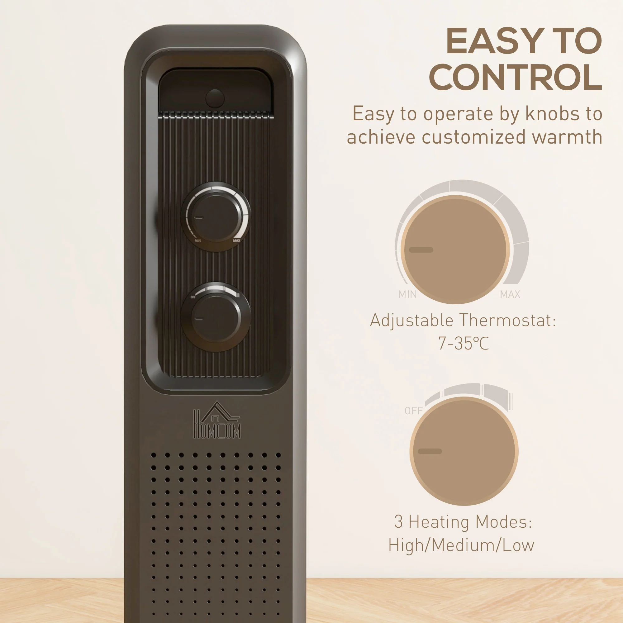 HOMCOM Oil Filled Radiator Portable Space Heater W/ 7 Fin, 3 Heat Settings - Image 6