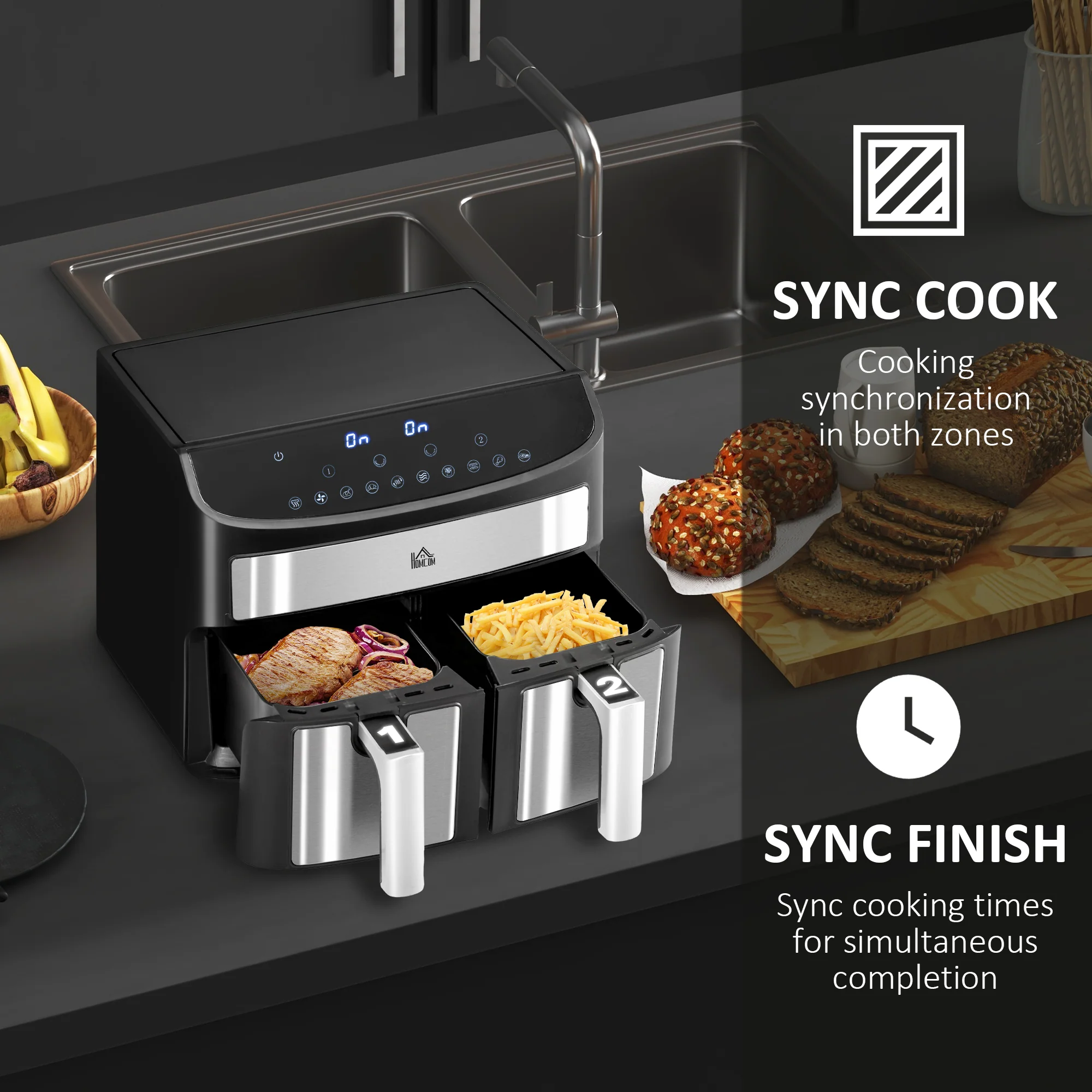 HOMCOM Oil Free Dual Air Fryer 10-in-1 8L W/ Sync Cook & Sync Finish Timer 2400W - Image 6