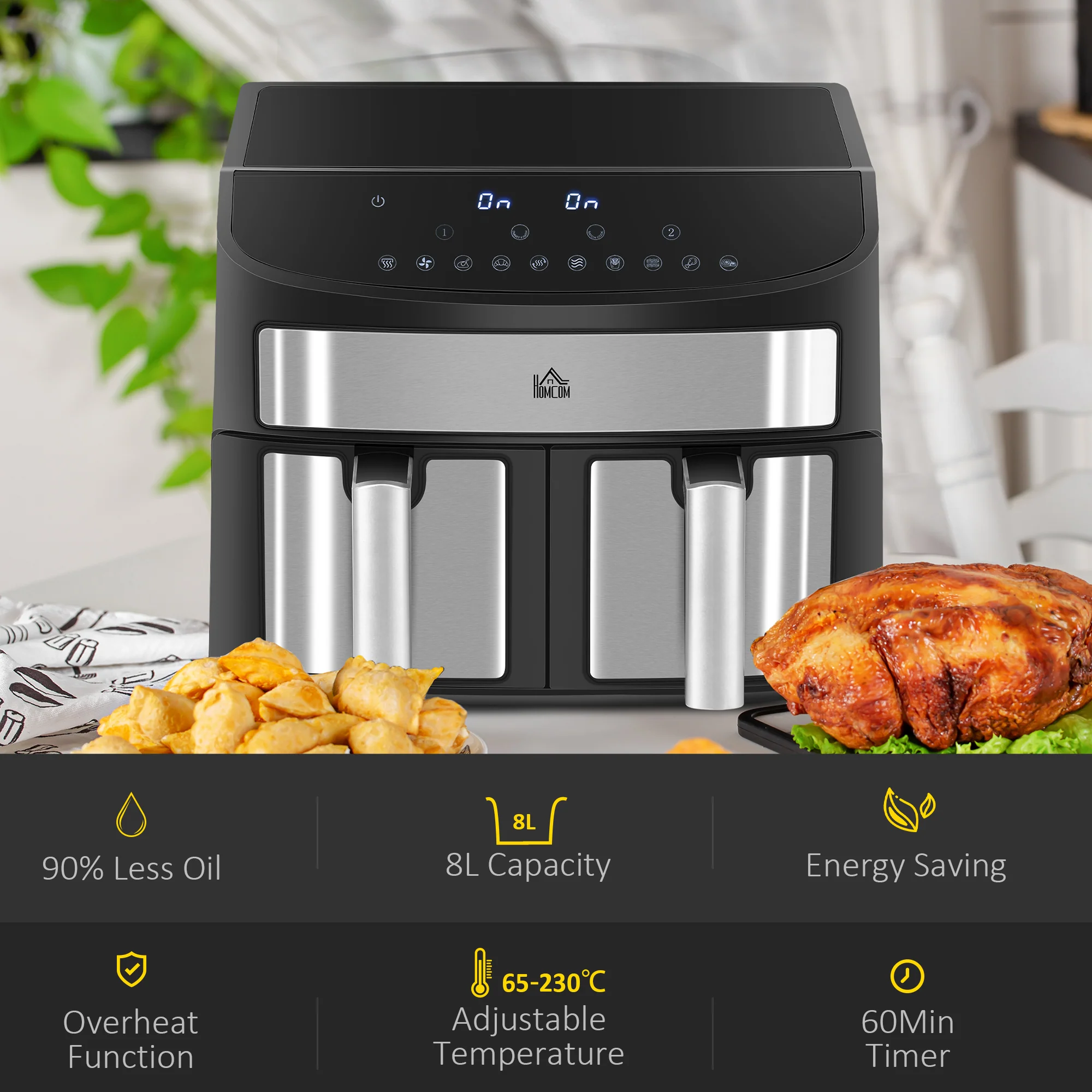HOMCOM Oil Free Dual Air Fryer 10-in-1 8L W/ Sync Cook & Sync Finish Timer 2400W - Image 7