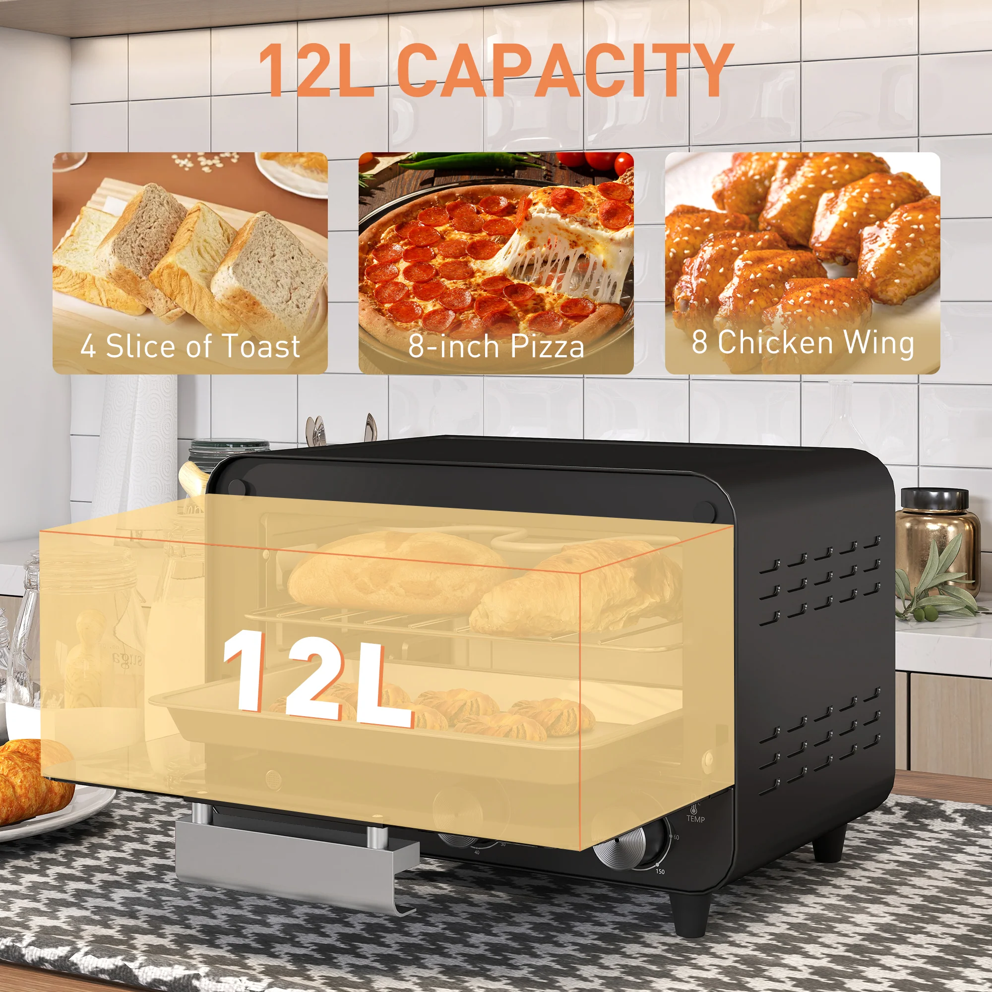 HOMCOM Small Toaster Oven, 12L Mini Countertop Oven With Glass Door, Black - Image 3