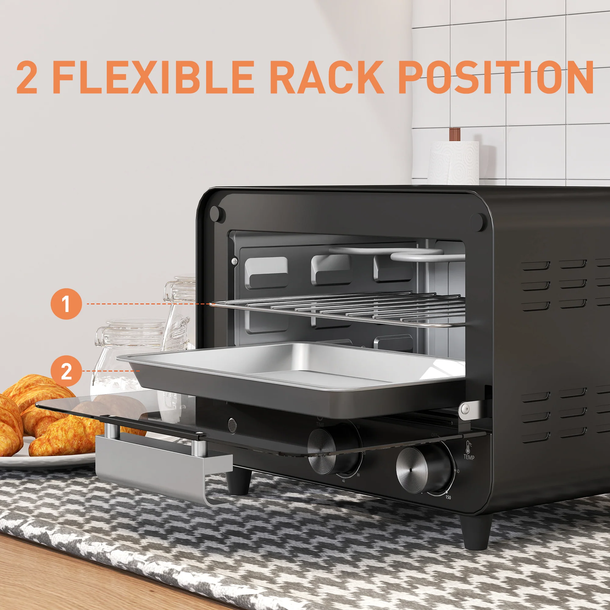 HOMCOM Small Toaster Oven, 12L Mini Countertop Oven With Glass Door, Black - Image 4