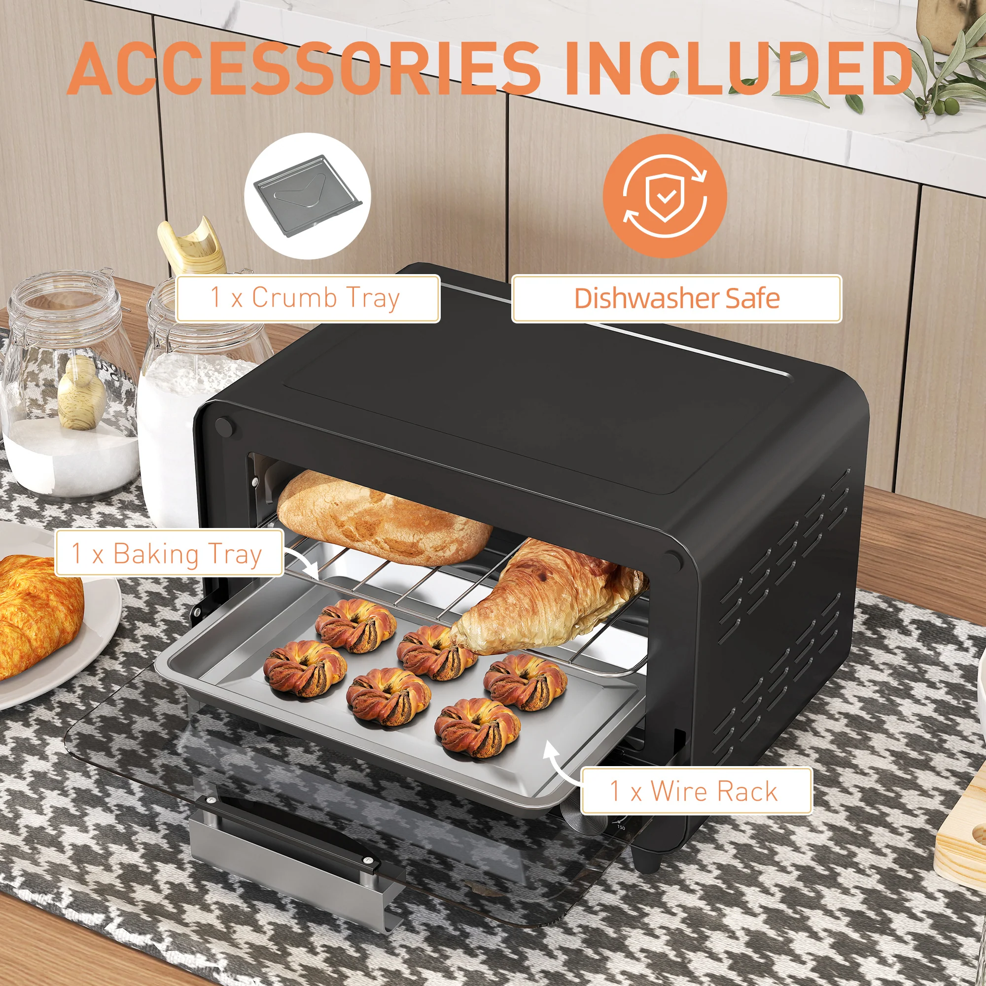 HOMCOM Small Toaster Oven, 12L Mini Countertop Oven With Glass Door, Black - Image 6