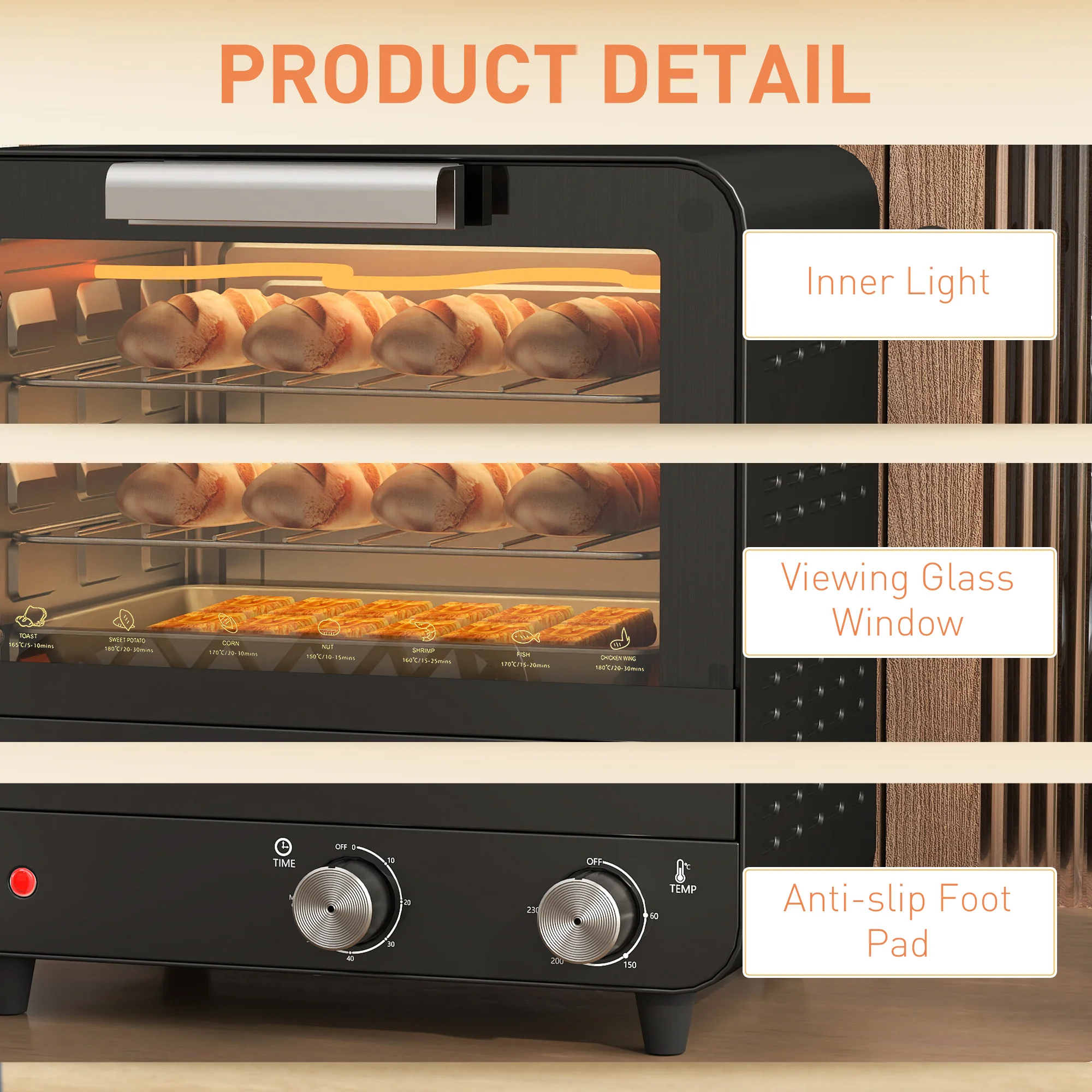 HOMCOM Small Toaster Oven, 12L Mini Countertop Oven With Glass Door, Black - Image 8