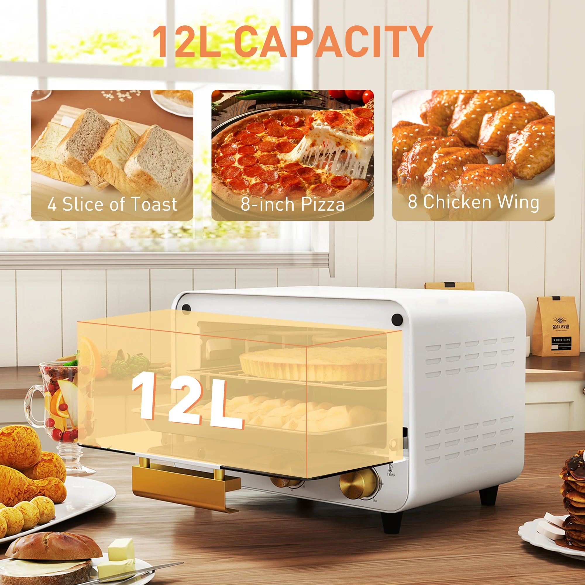 HOMCOM Small Toaster Oven, 12L Mini Countertop Oven With Glass Door, White - Image 3