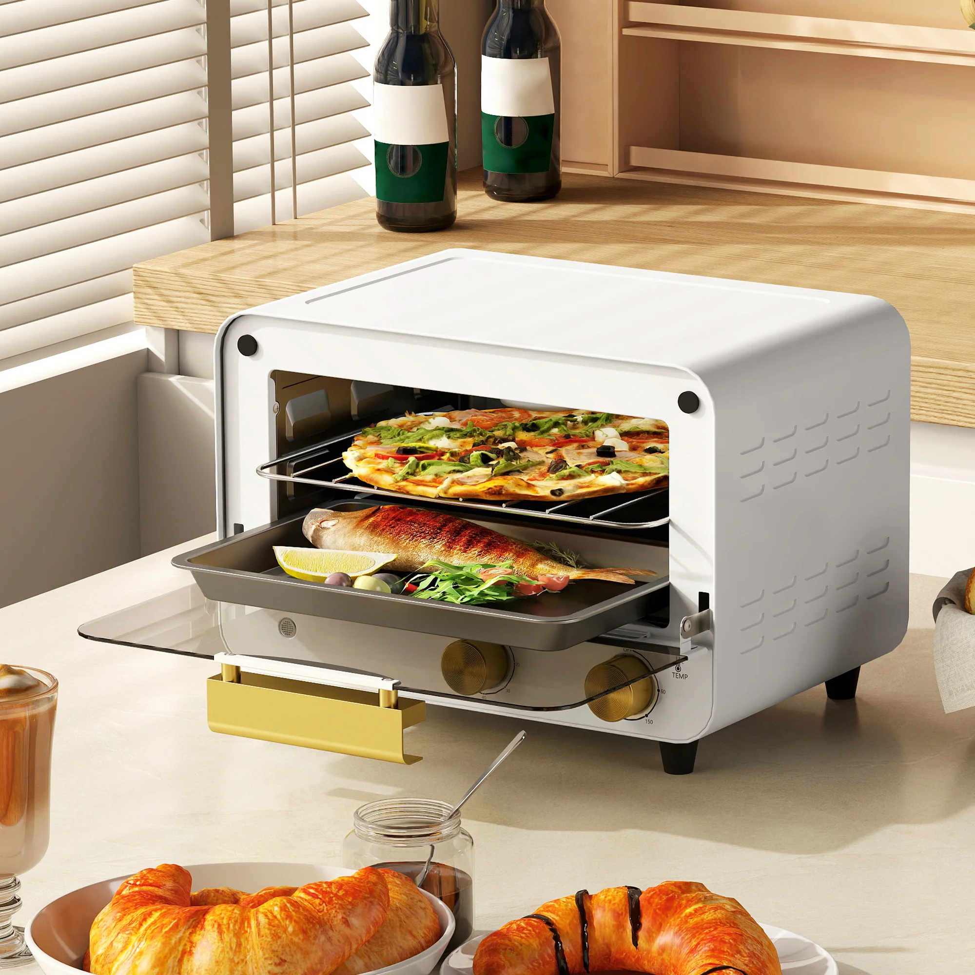 HOMCOM Small Toaster Oven, 12L Mini Countertop Oven With Glass Door, White - Image 9