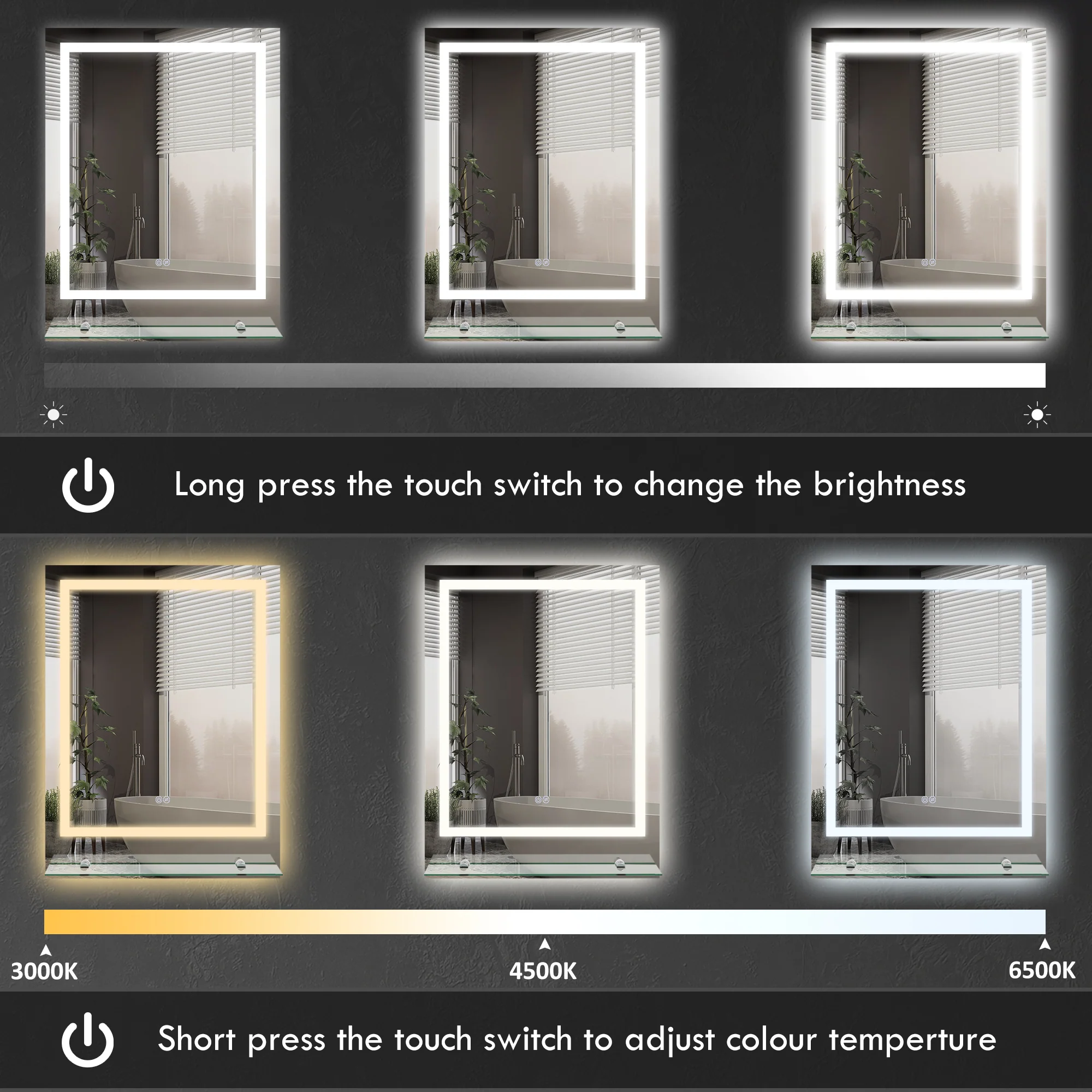 kleankin Dimmable Bathroom Mirror with LED Lights, 3 Colours, Defogging Film - Image 4