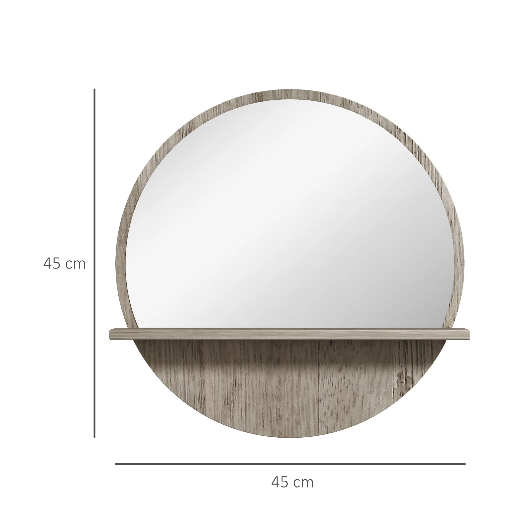 Kleankin Round Mirror For Wall Makeup Mirror With Shelf Grey Wood Effect - Image 6