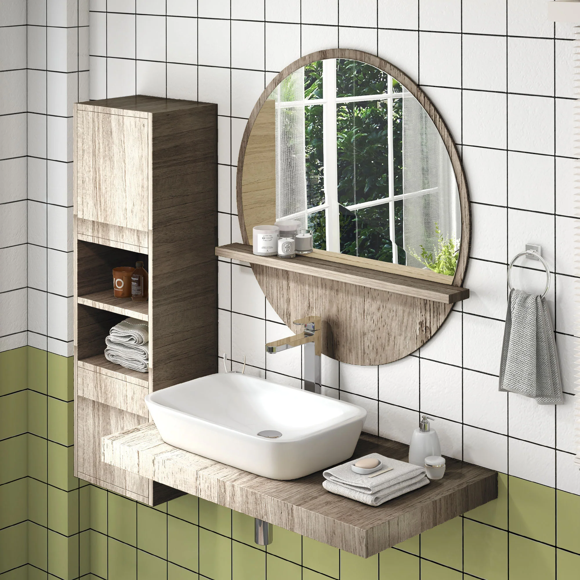 Kleankin Round Mirror For Wall Makeup Mirror With Shelf Grey Wood Effect - Image 8