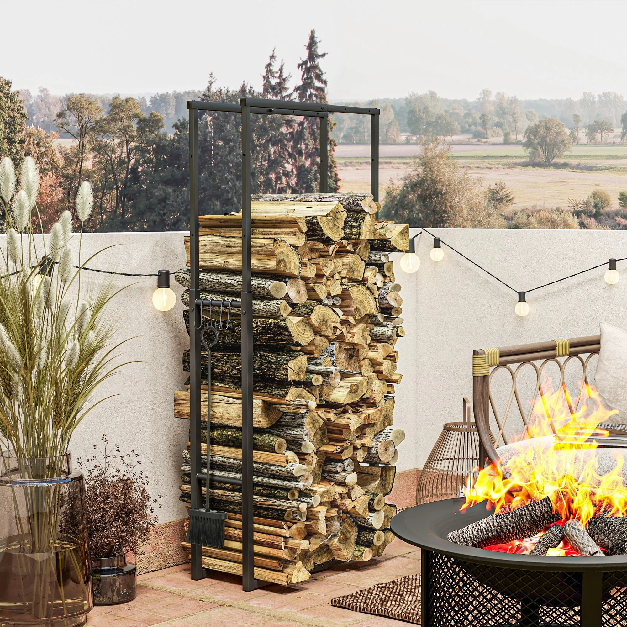 Outsunny 100-150cm Retractable Metal Firewood Log Holder Rack With Hooks - Image 3