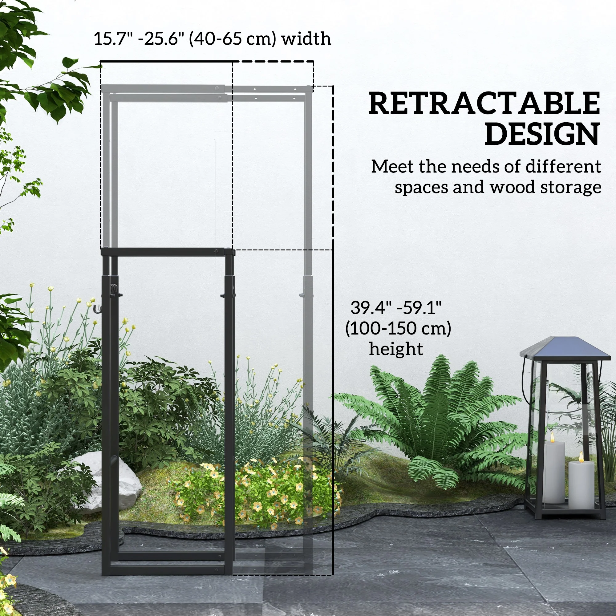 Outsunny 100-150cm Retractable Metal Firewood Log Holder Rack With Hooks - Image 4