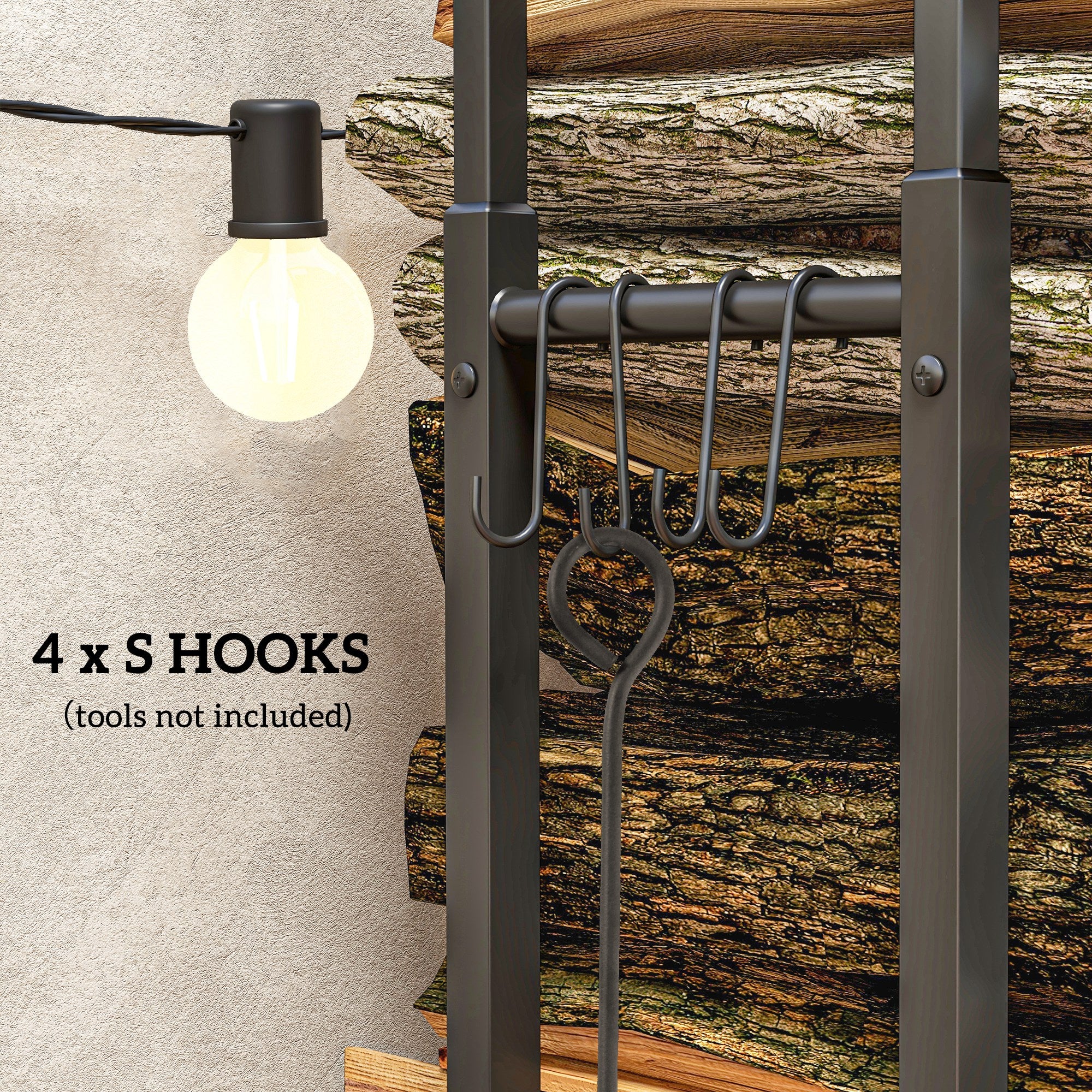 Outsunny 100-150cm Retractable Metal Firewood Log Holder Rack With Hooks - Image 7