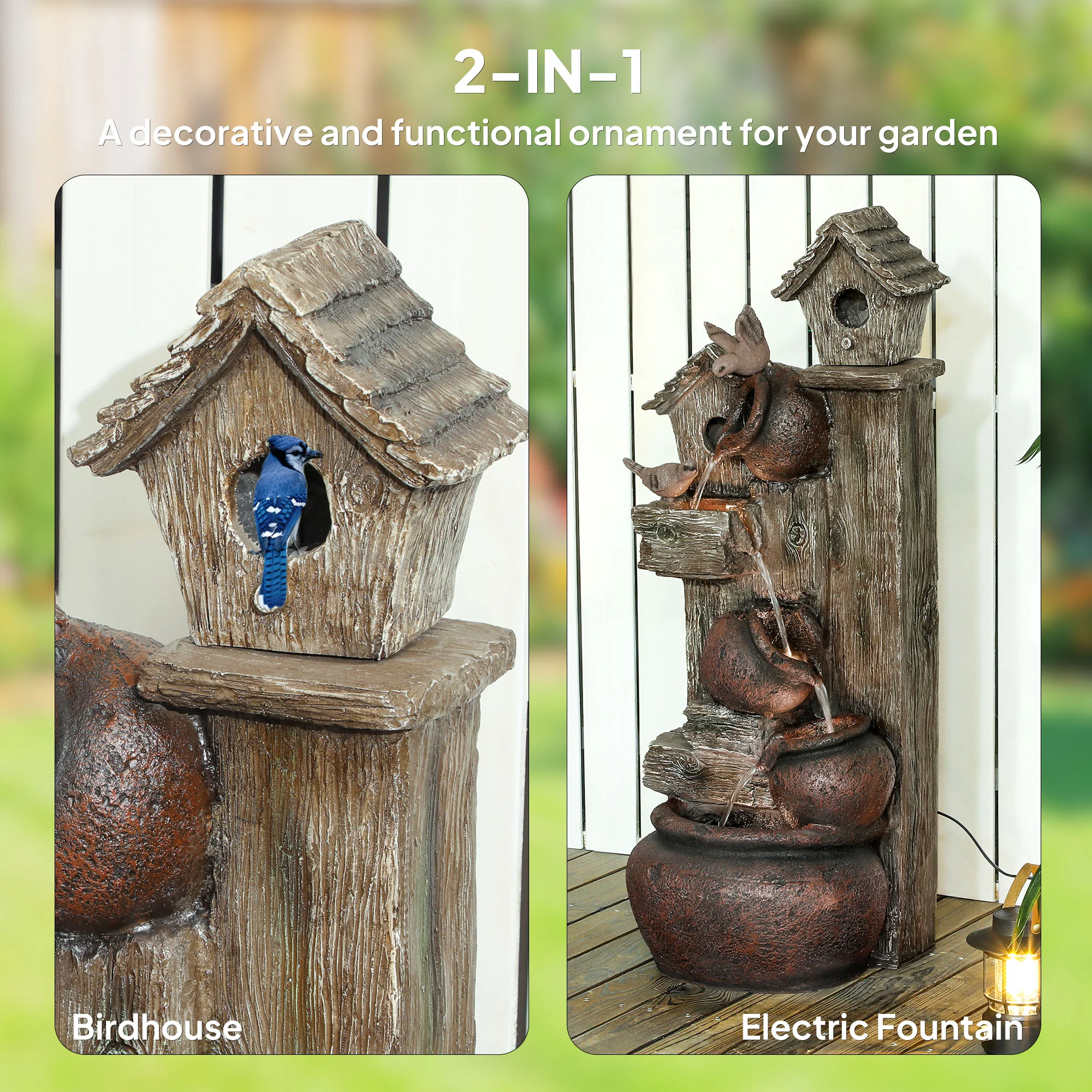 Outsunny 2-in-1 Waterfall Fountain with Birdhouse, Resin Outdoor Fountain - Image 3