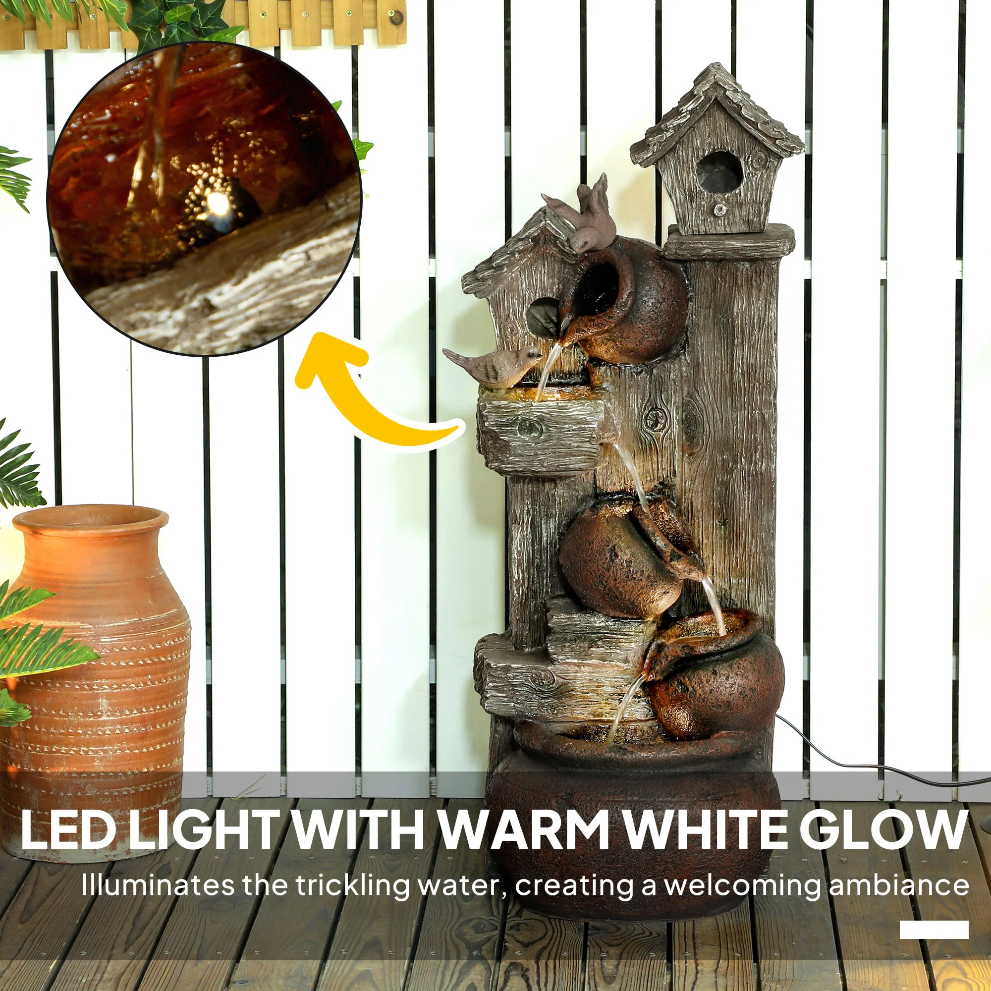 Outsunny 2-in-1 Waterfall Fountain with Birdhouse, Resin Outdoor Fountain - Image 4