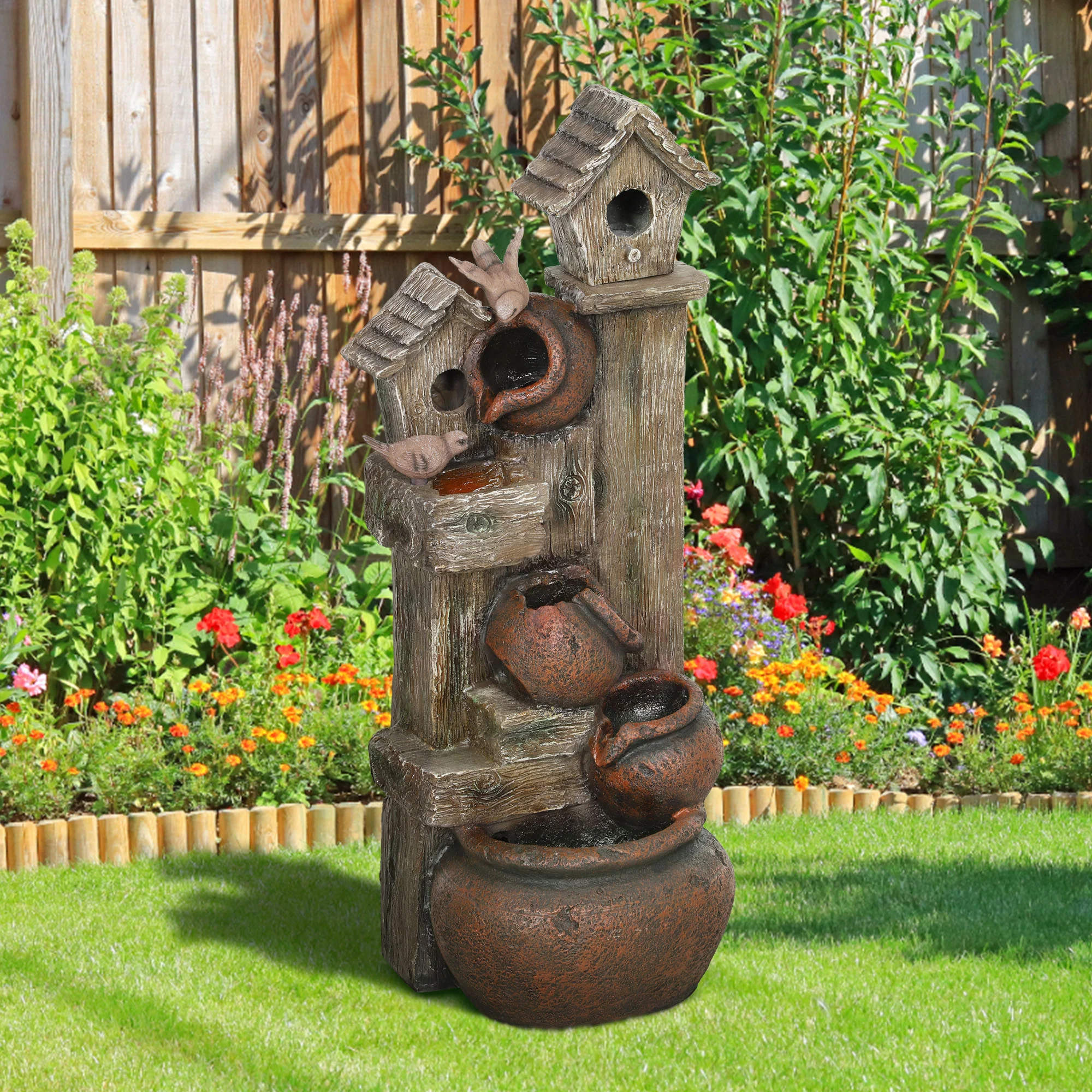 Outsunny 2-in-1 Waterfall Fountain with Birdhouse, Resin Outdoor Fountain - Image 8