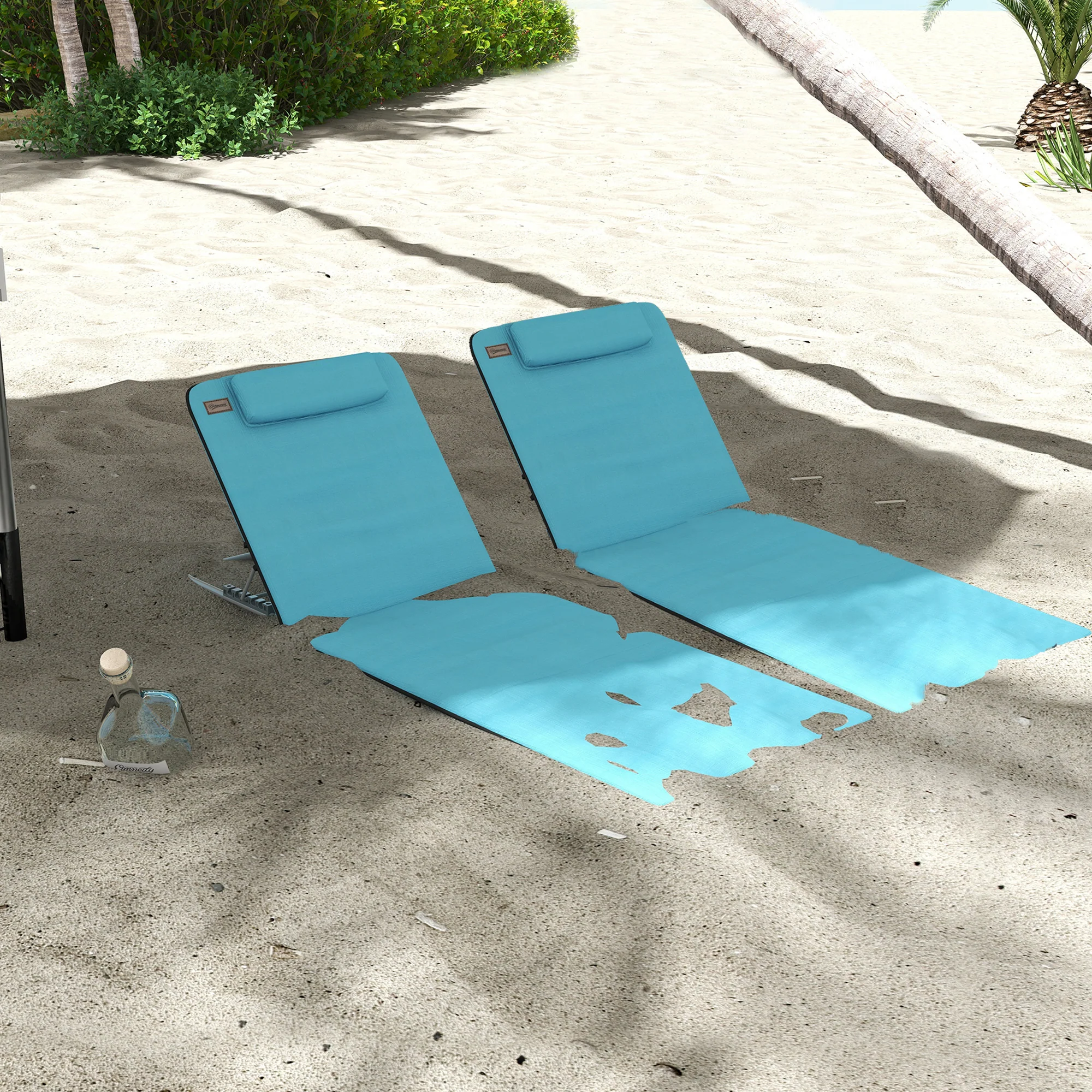 Outsunny 2 Pieces Outdoor Beach Mat Steel Reclining Chair Set Light Blue - Image 11