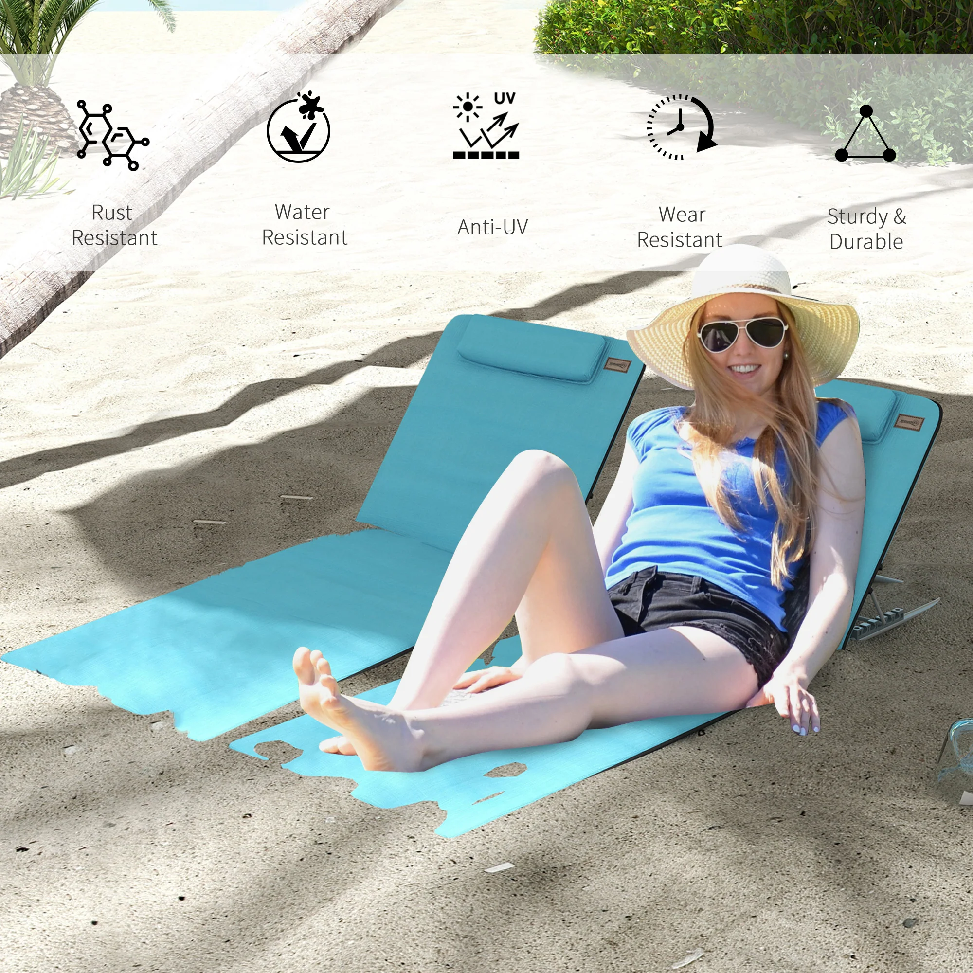 Outsunny 2 Pieces Outdoor Beach Mat Steel Reclining Chair Set Light Blue - Image 12