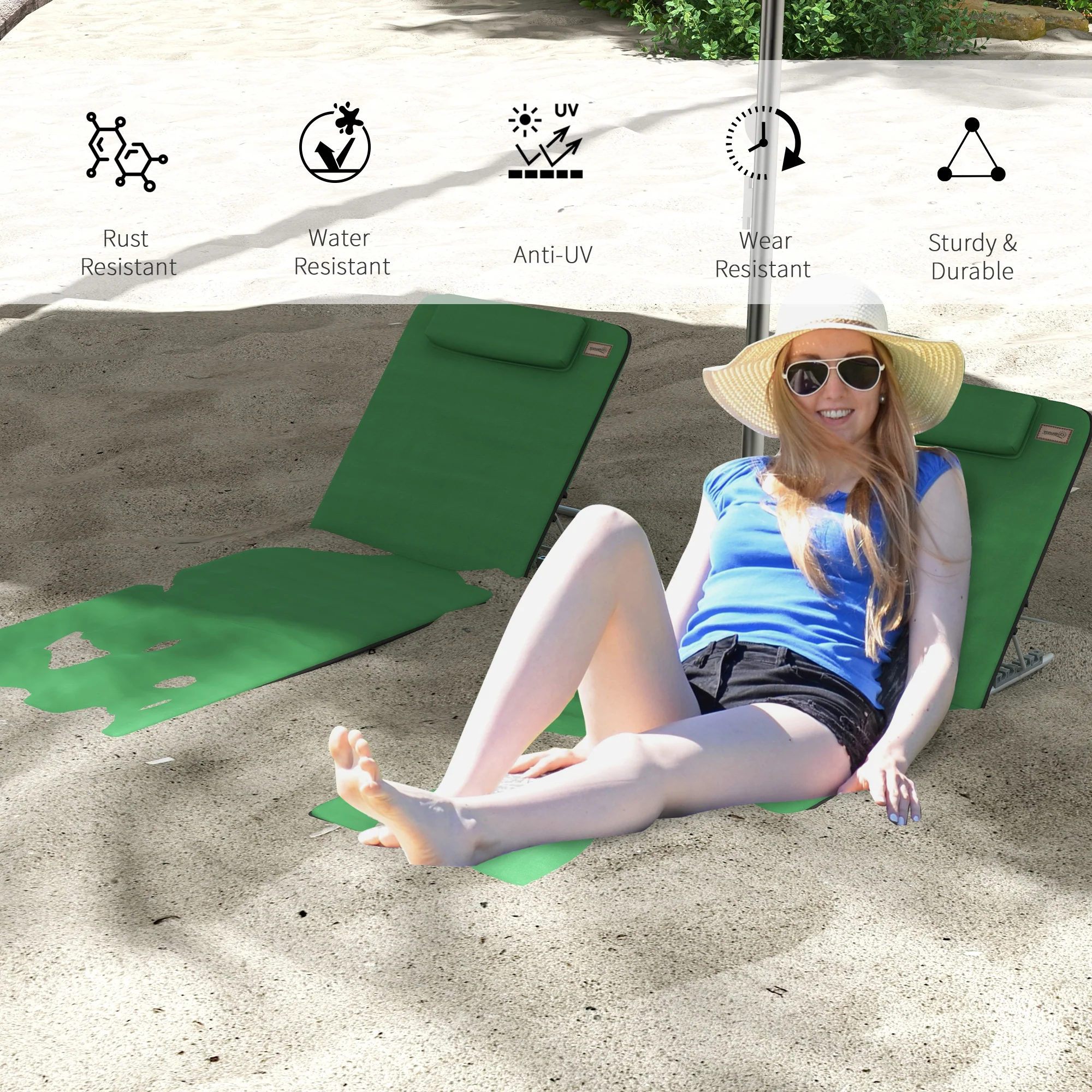 Outsunny 2 Pieces Outdoor Beach Mat Steel Reclining Chair Set Light Blue - Image 3