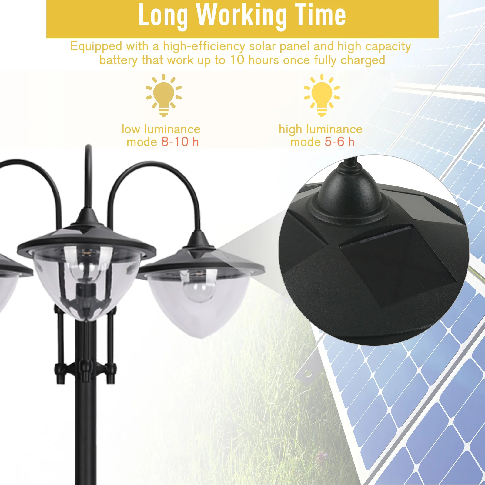 Outsunny 3-head LED Solar Light Lamp Street Light Post with Planter Base, Black - Image 3
