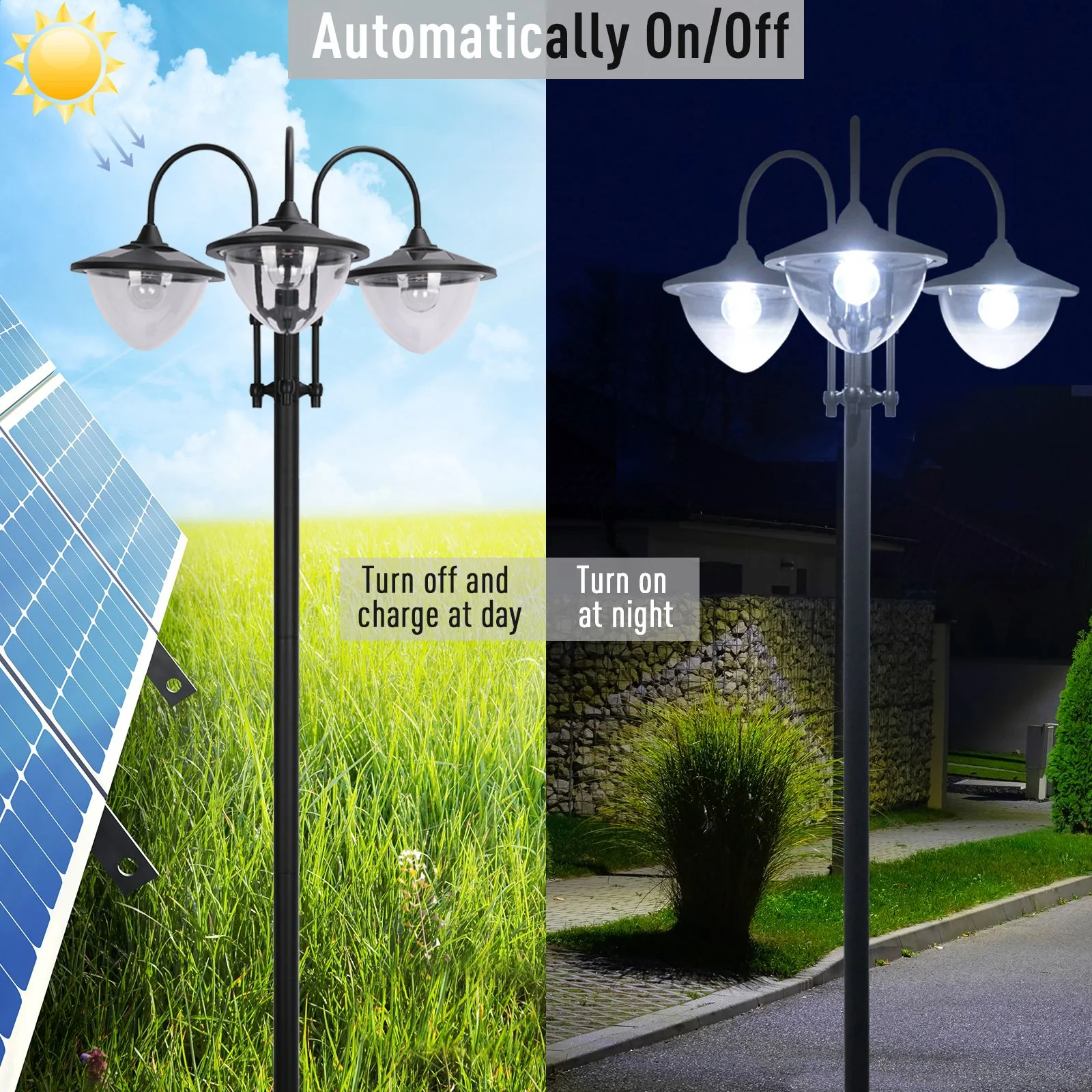Outsunny 3-head LED Solar Light Lamp Street Light Post with Planter Base, Black - Image 4
