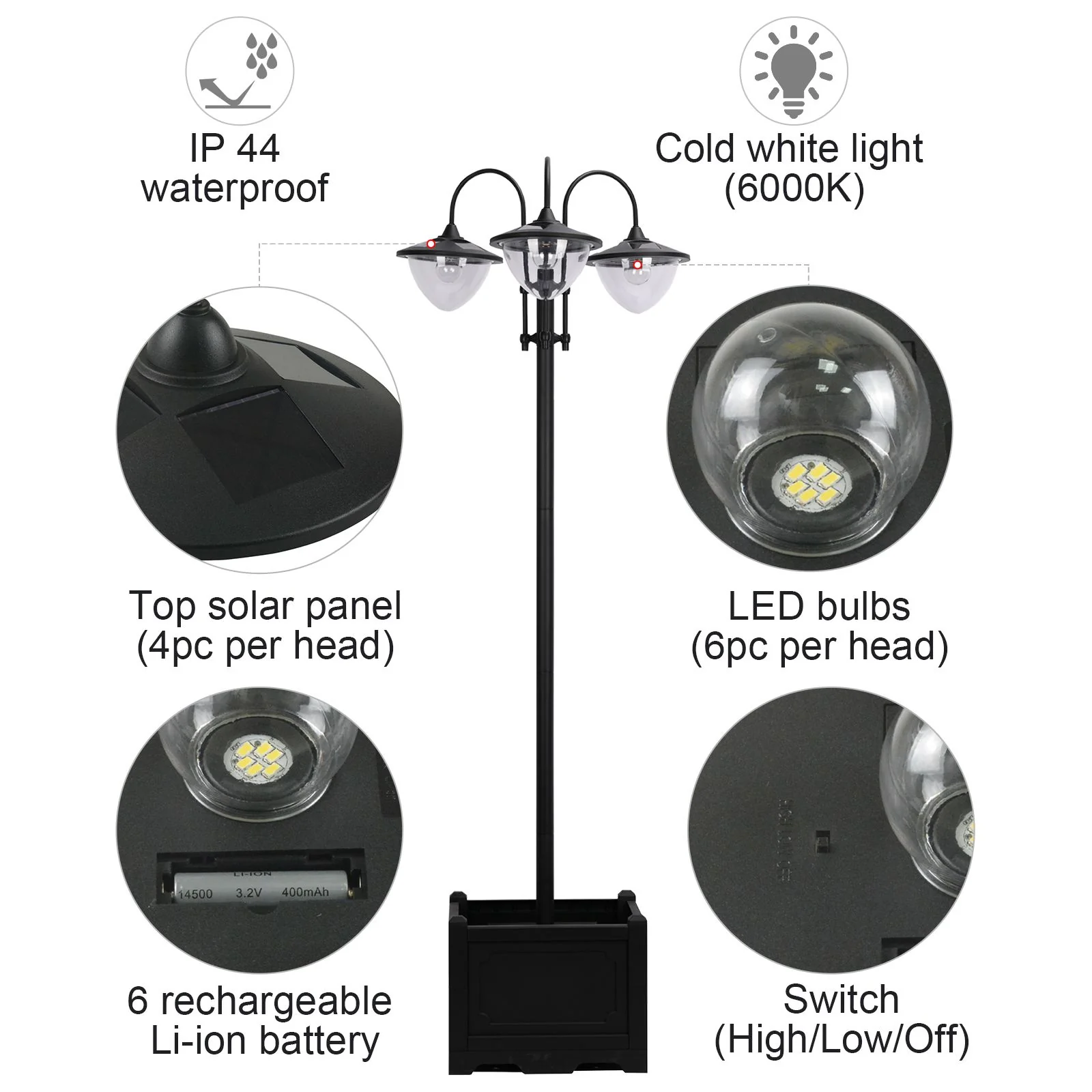 Outsunny 3-head LED Solar Light Lamp Street Light Post with Planter Base, Black - Image 6