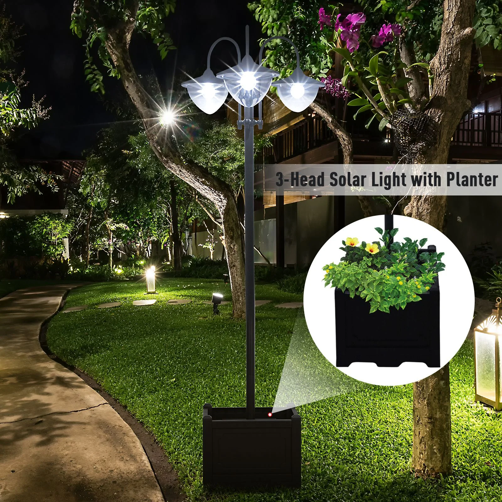 Outsunny 3-head LED Solar Light Lamp Street Light Post with Planter Base, Black - Image 7
