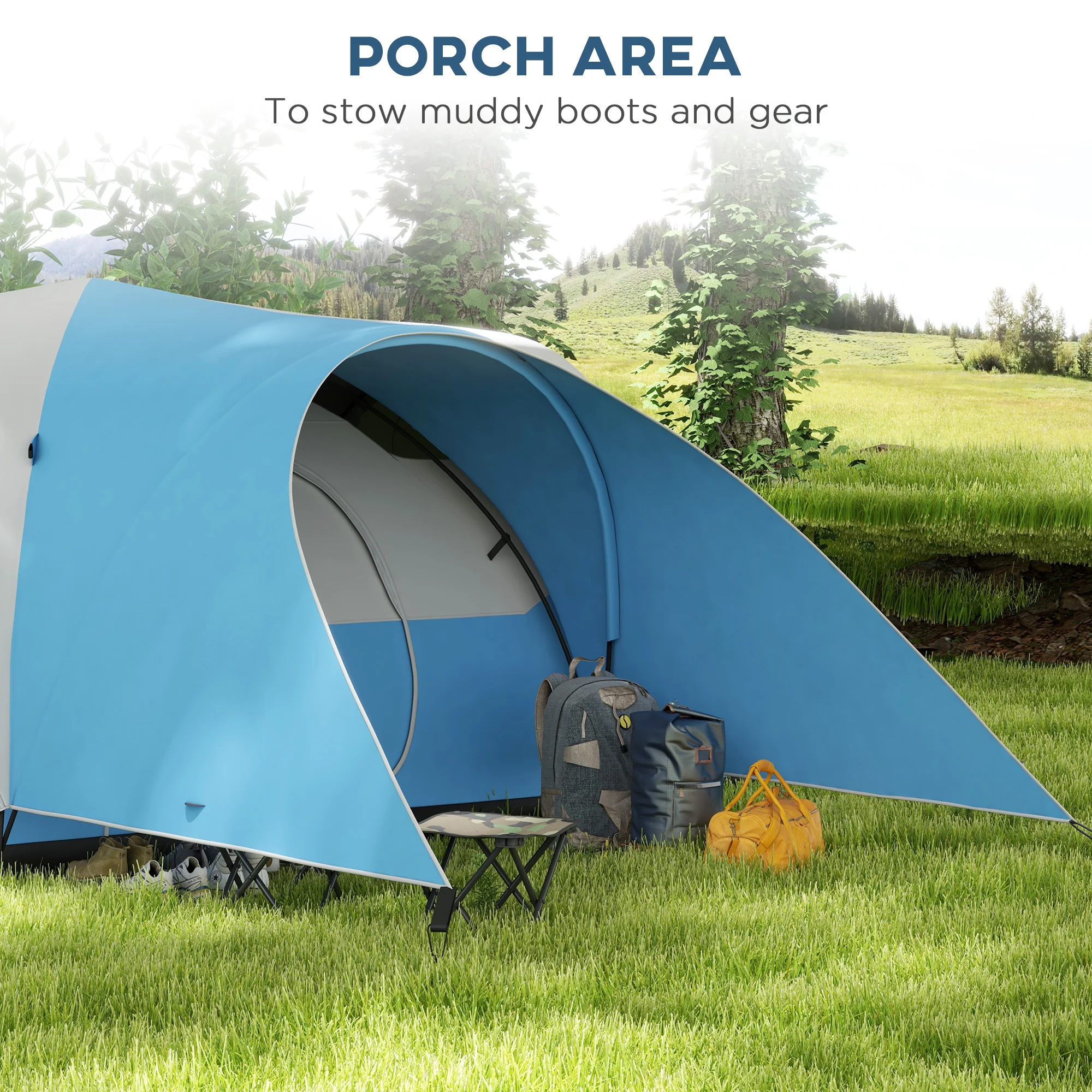 Outsunny 3000mm Waterproof Camping Tent w/ Porch & Sewn in Groundsheet, Blue - Image 3