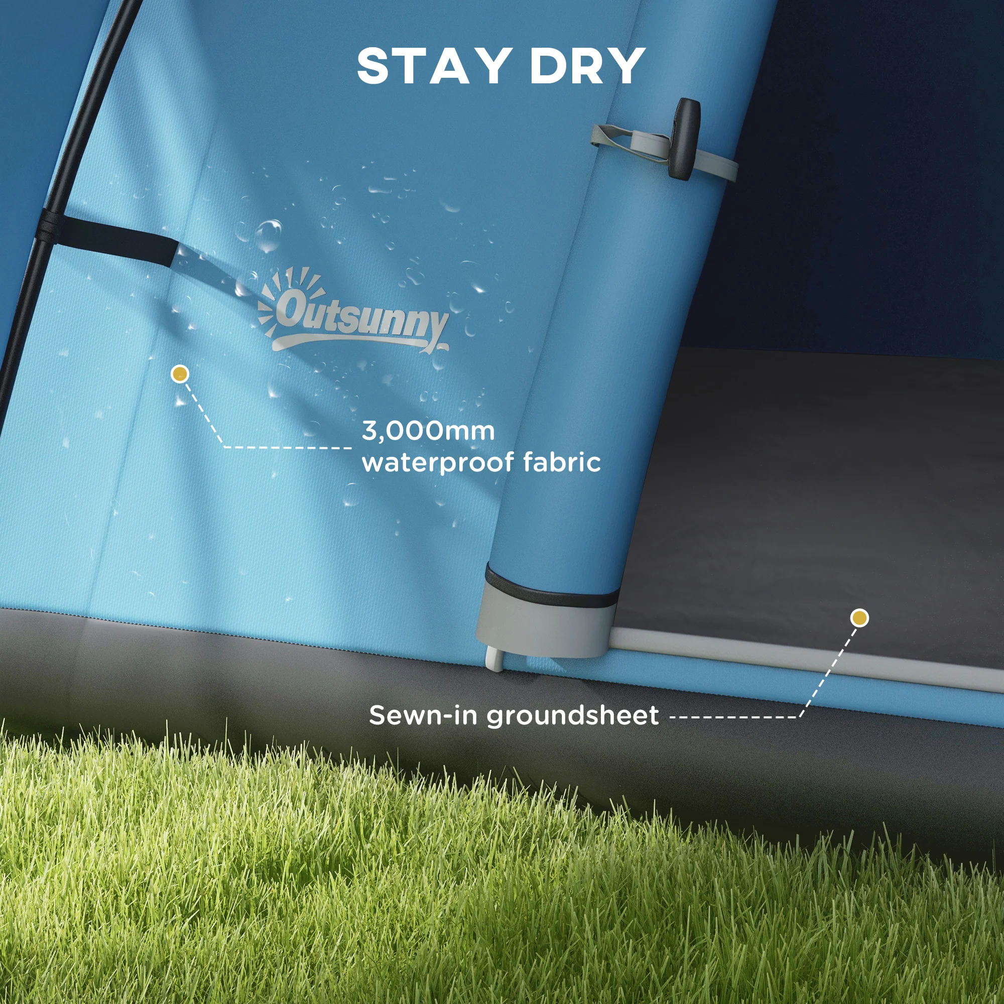 Outsunny 3000mm Waterproof Camping Tent w/ Porch & Sewn in Groundsheet, Blue - Image 4