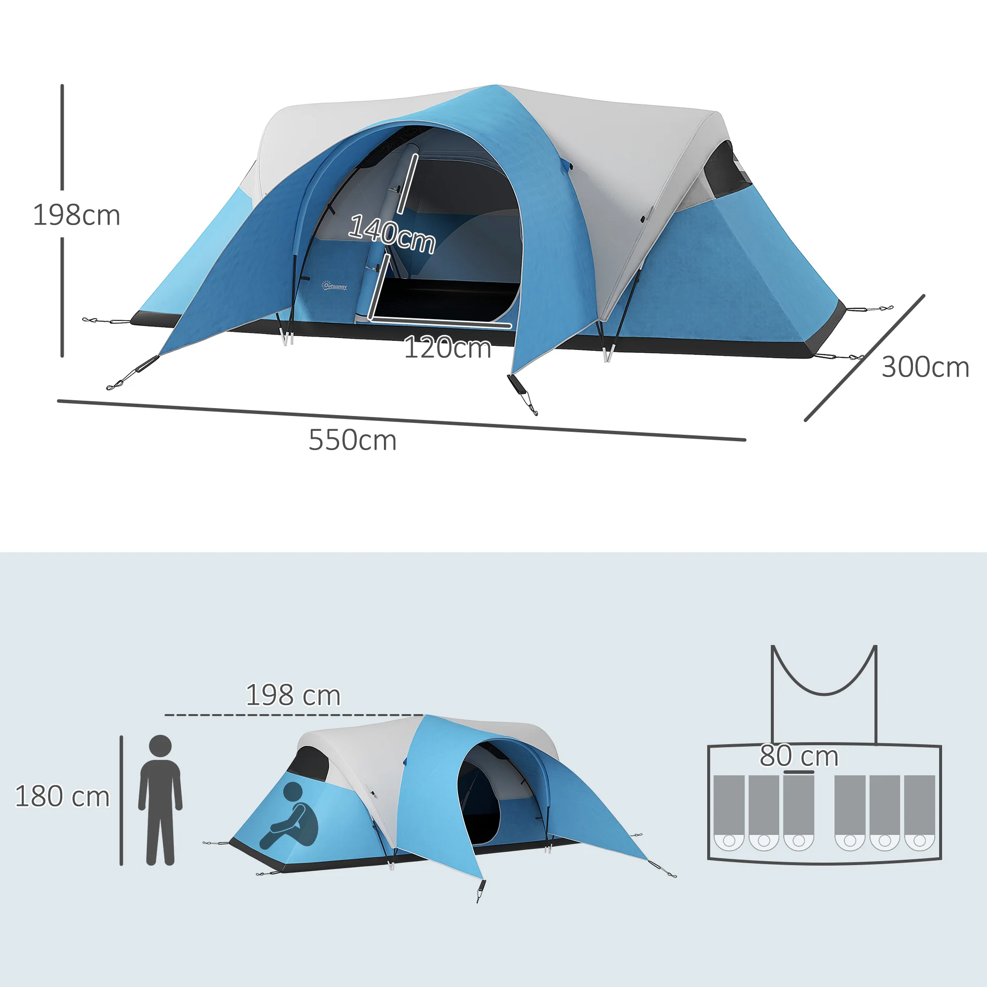 Outsunny 3000mm Waterproof Camping Tent w/ Porch & Sewn in Groundsheet, Blue - Image 5