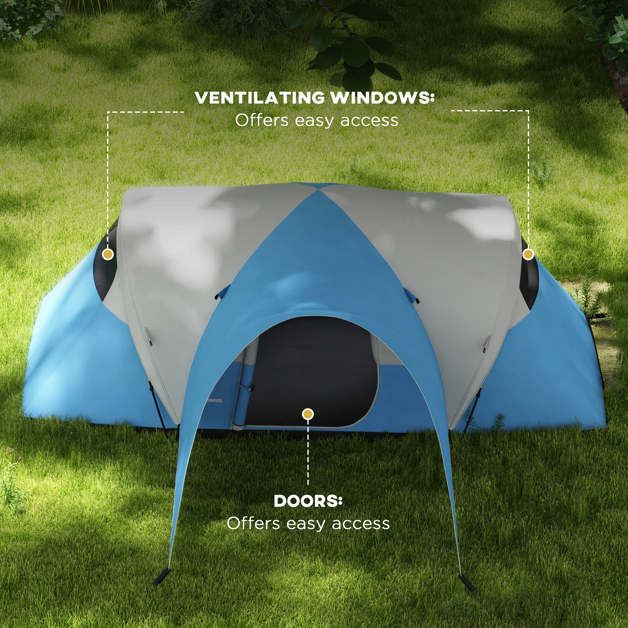 Outsunny 3000mm Waterproof Camping Tent w/ Porch & Sewn in Groundsheet, Blue - Image 6