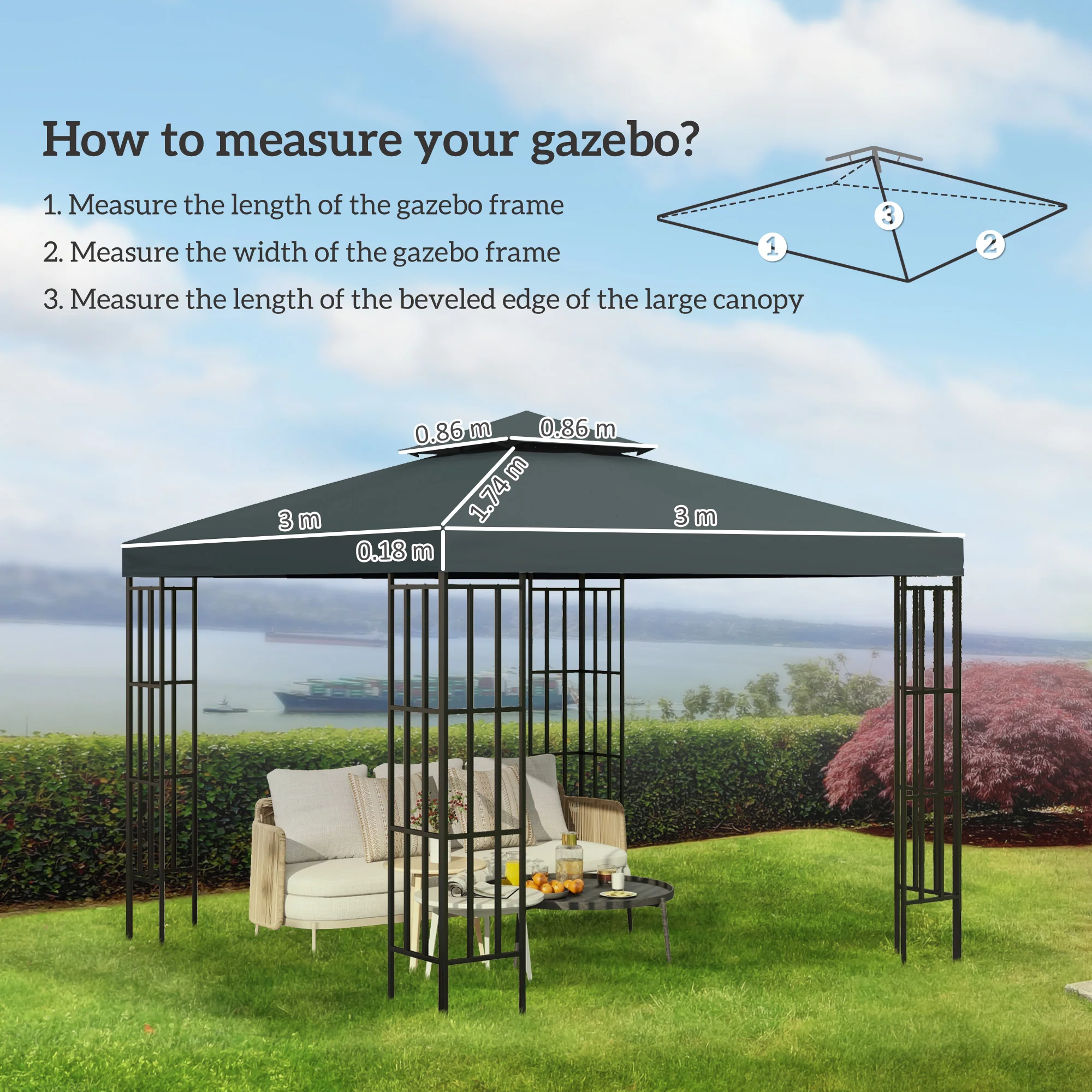 Outsunny 3(m) 2 Tier Gazebo Top Cover Replacement Canopy Roof Charcoal Grey - Image 5
