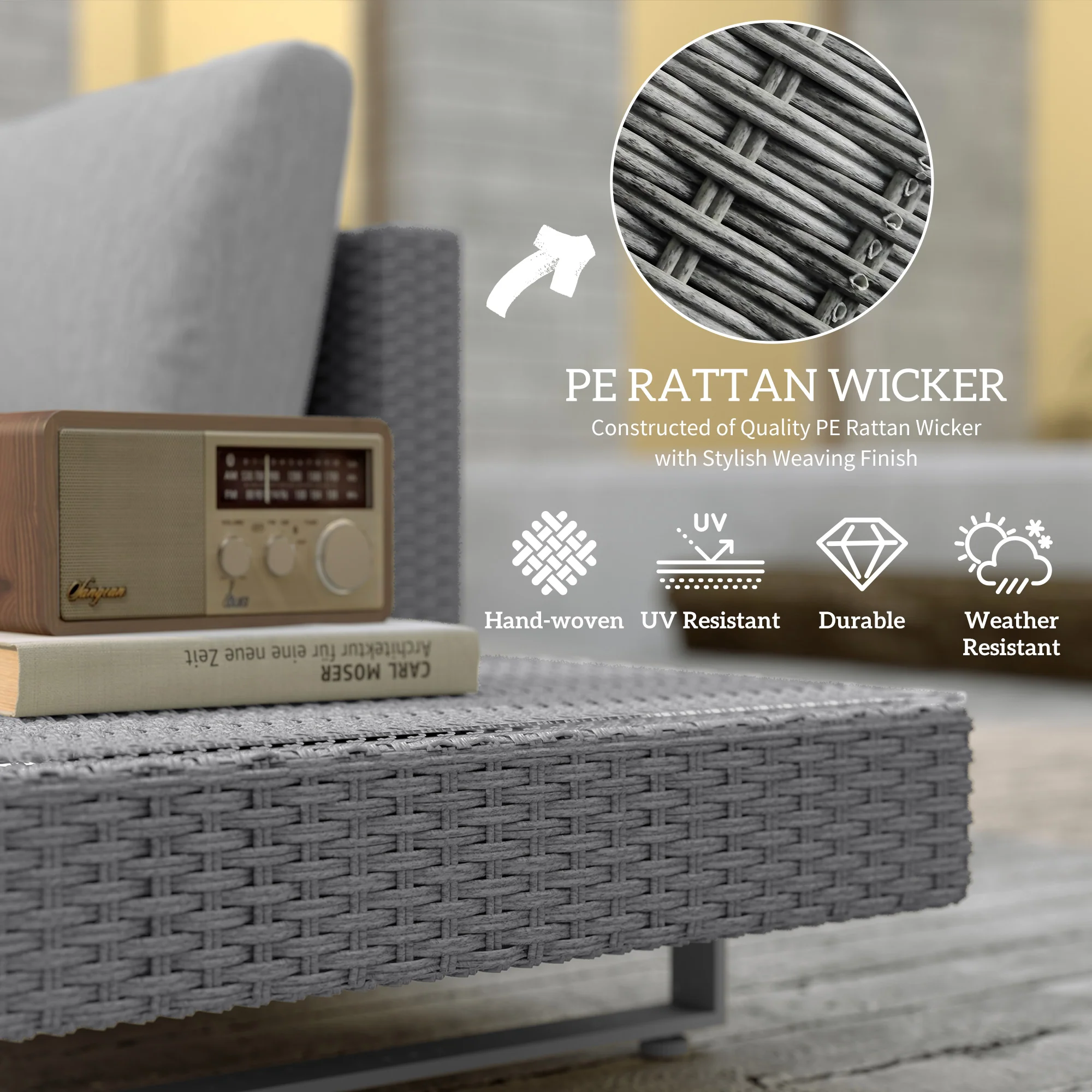 Outsunny 3pc Rattan Wicker Sofa Set With Tea Table & Cushions, Light Grey - Image 3