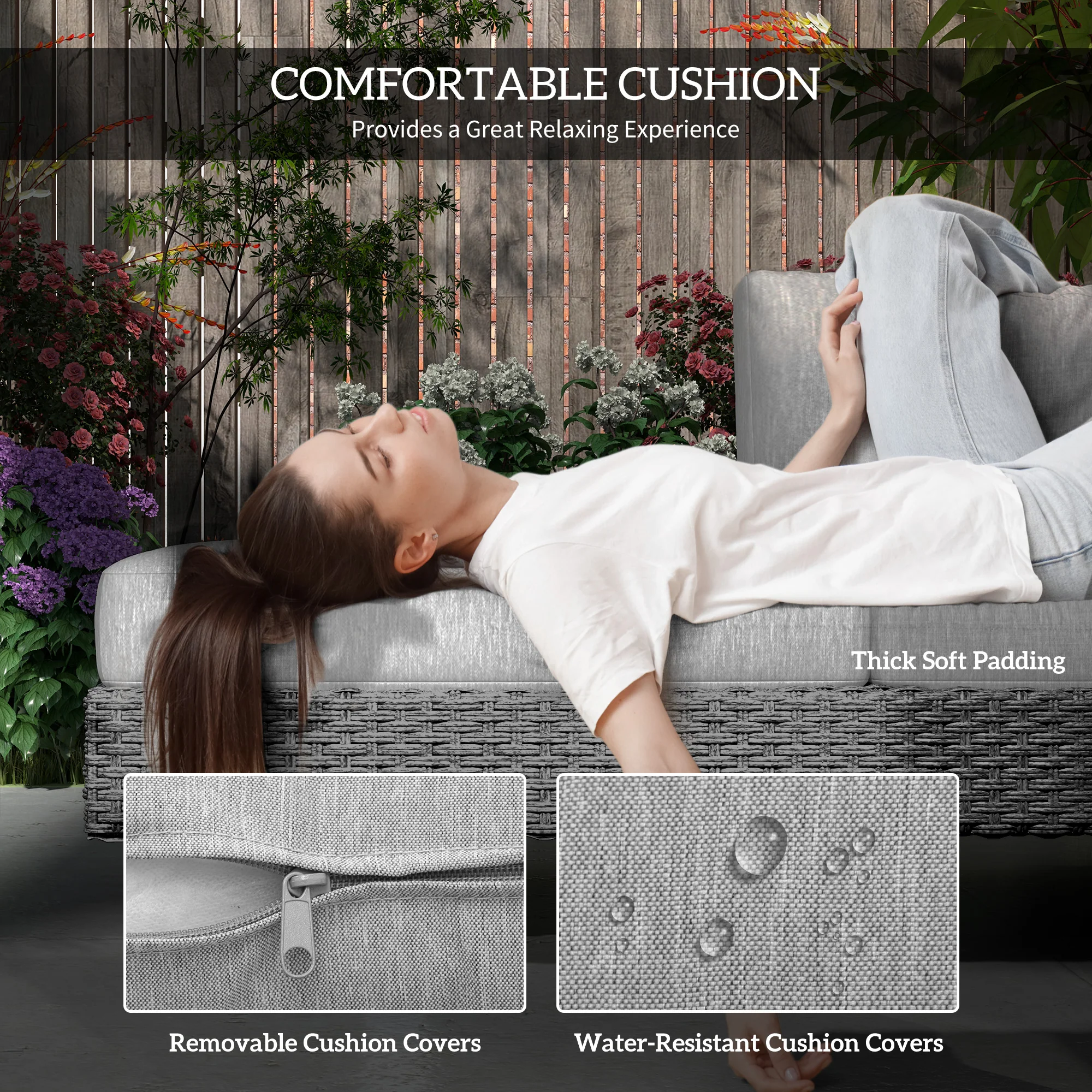 Outsunny 3pc Rattan Wicker Sofa Set With Tea Table & Cushions, Light Grey - Image 4