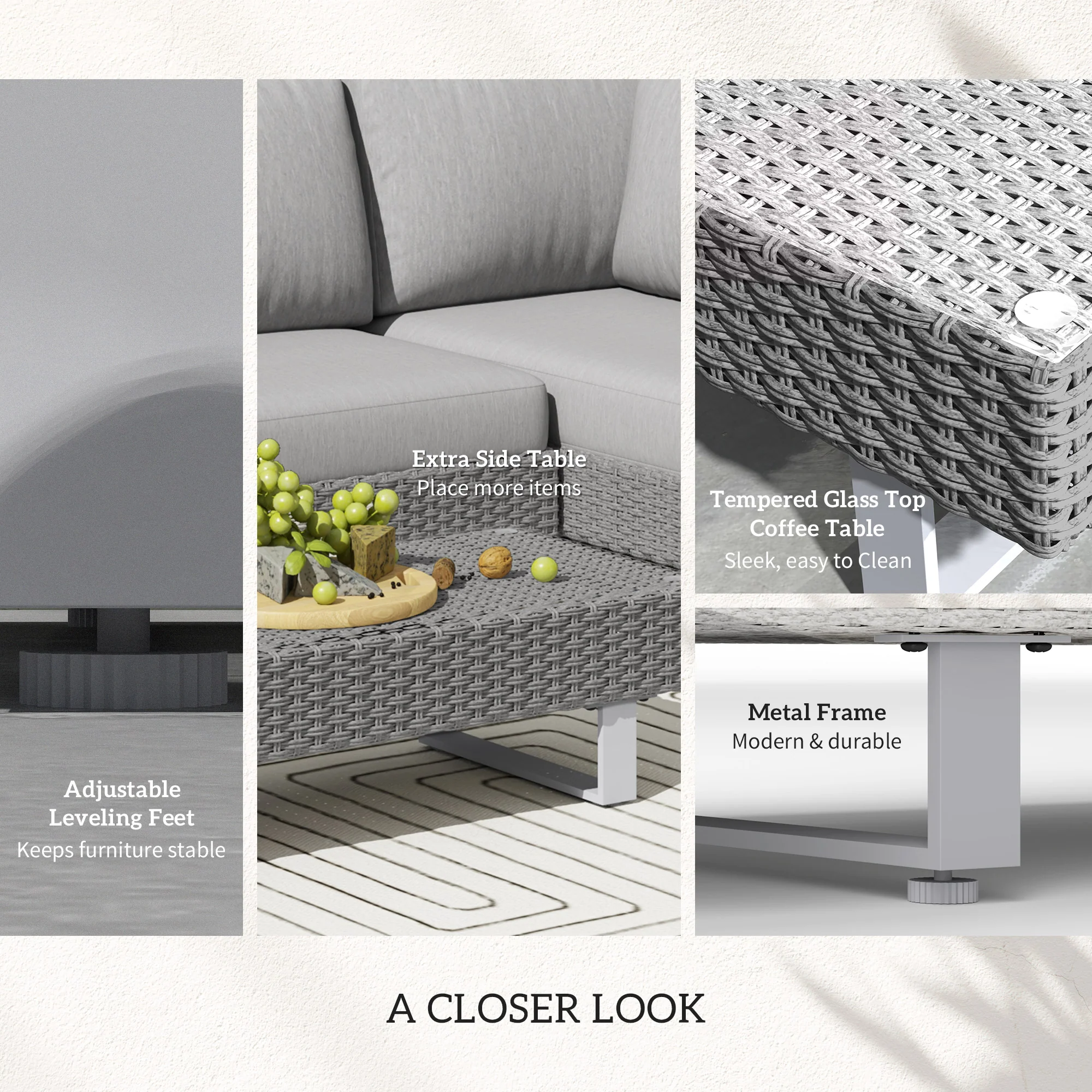 Outsunny 3pc Rattan Wicker Sofa Set With Tea Table & Cushions, Light Grey - Image 6