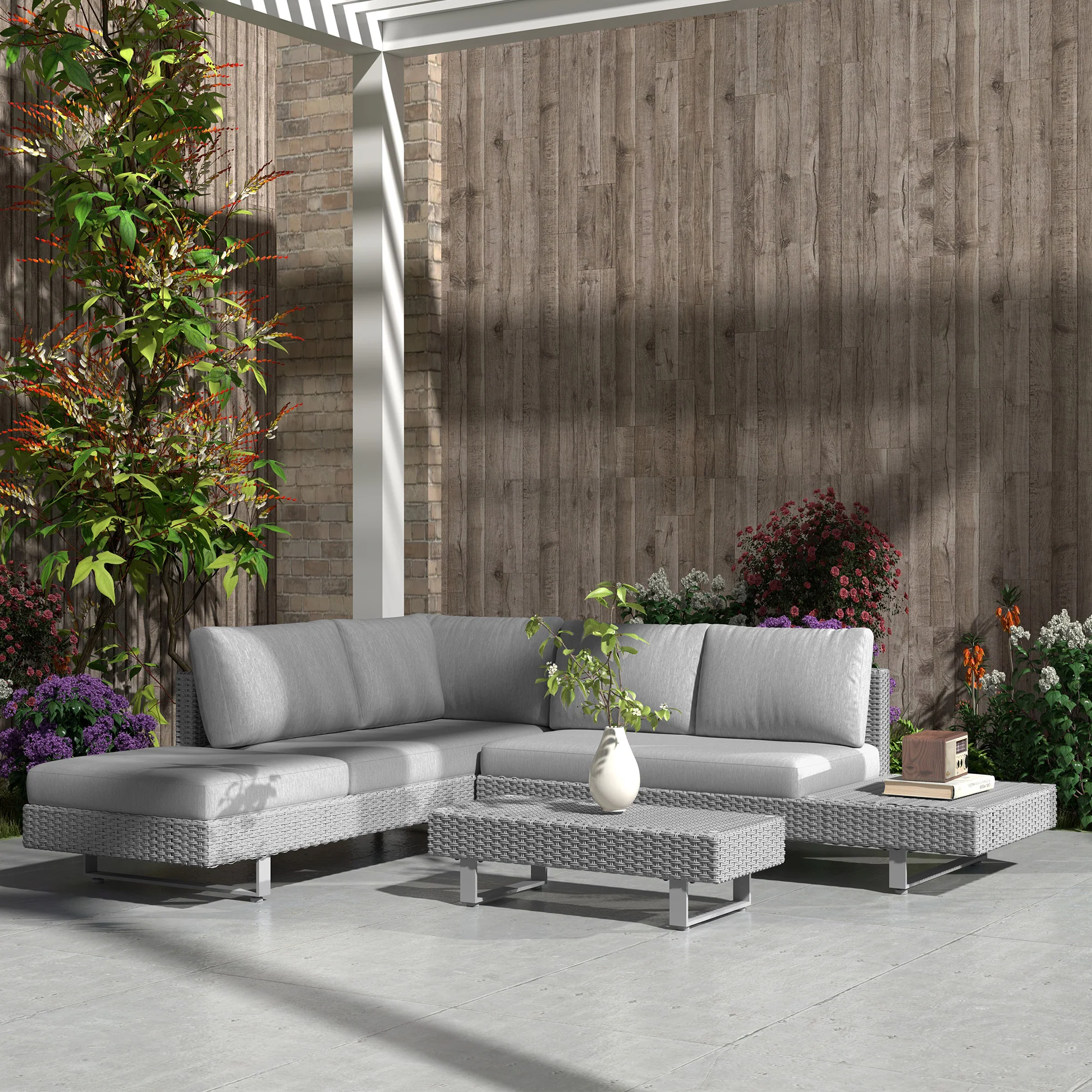 Outsunny 3pc Rattan Wicker Sofa Set With Tea Table & Cushions, Light Grey - Image 7