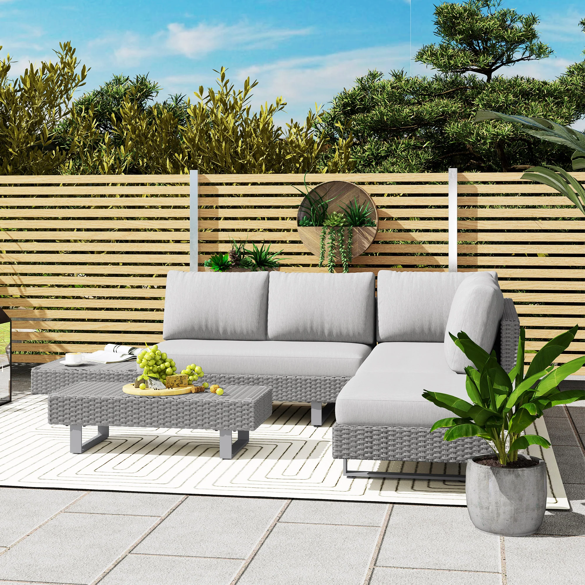 Outsunny 3pc Rattan Wicker Sofa Set With Tea Table & Cushions, Light Grey - Image 8