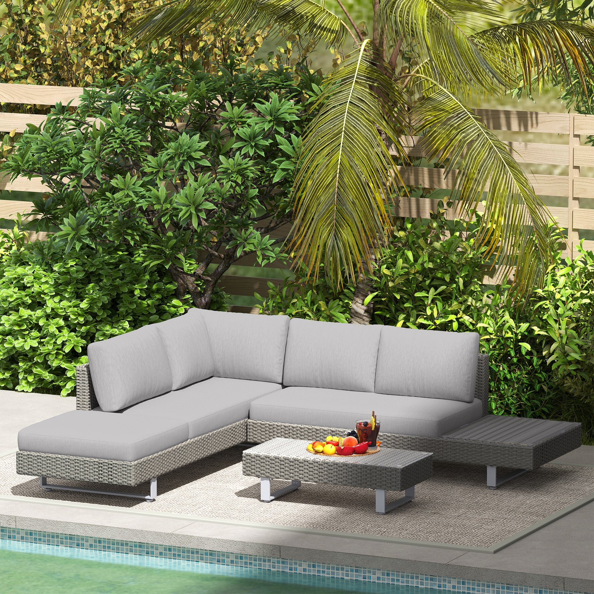 Outsunny 3pc Rattan Wicker Sofa Set With Tea Table & Cushions, Light Grey - Image 9