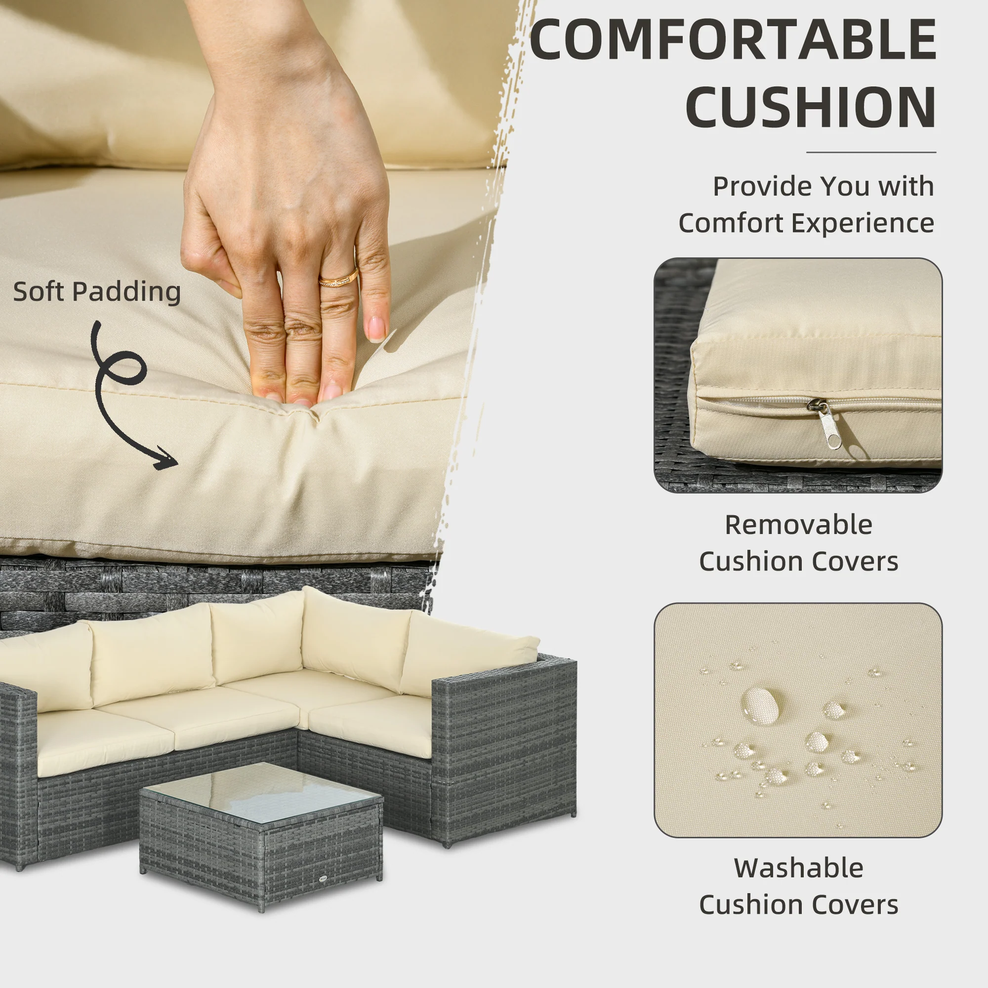 Outsunny 3Pcs Rattan Corner Sofa Set Coffee Table Garden Furniture w/ Cushion - Image 4