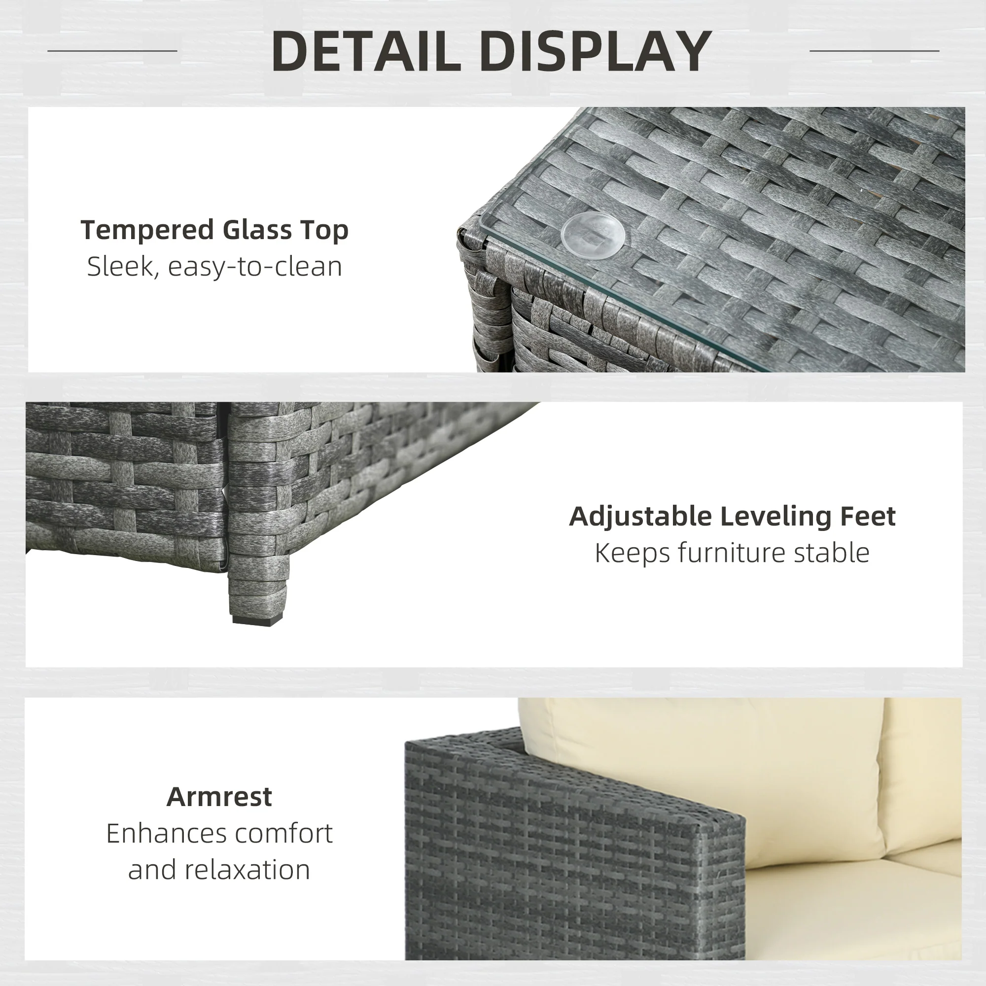 Outsunny 3Pcs Rattan Corner Sofa Set Coffee Table Garden Furniture w/ Cushion - Image 6