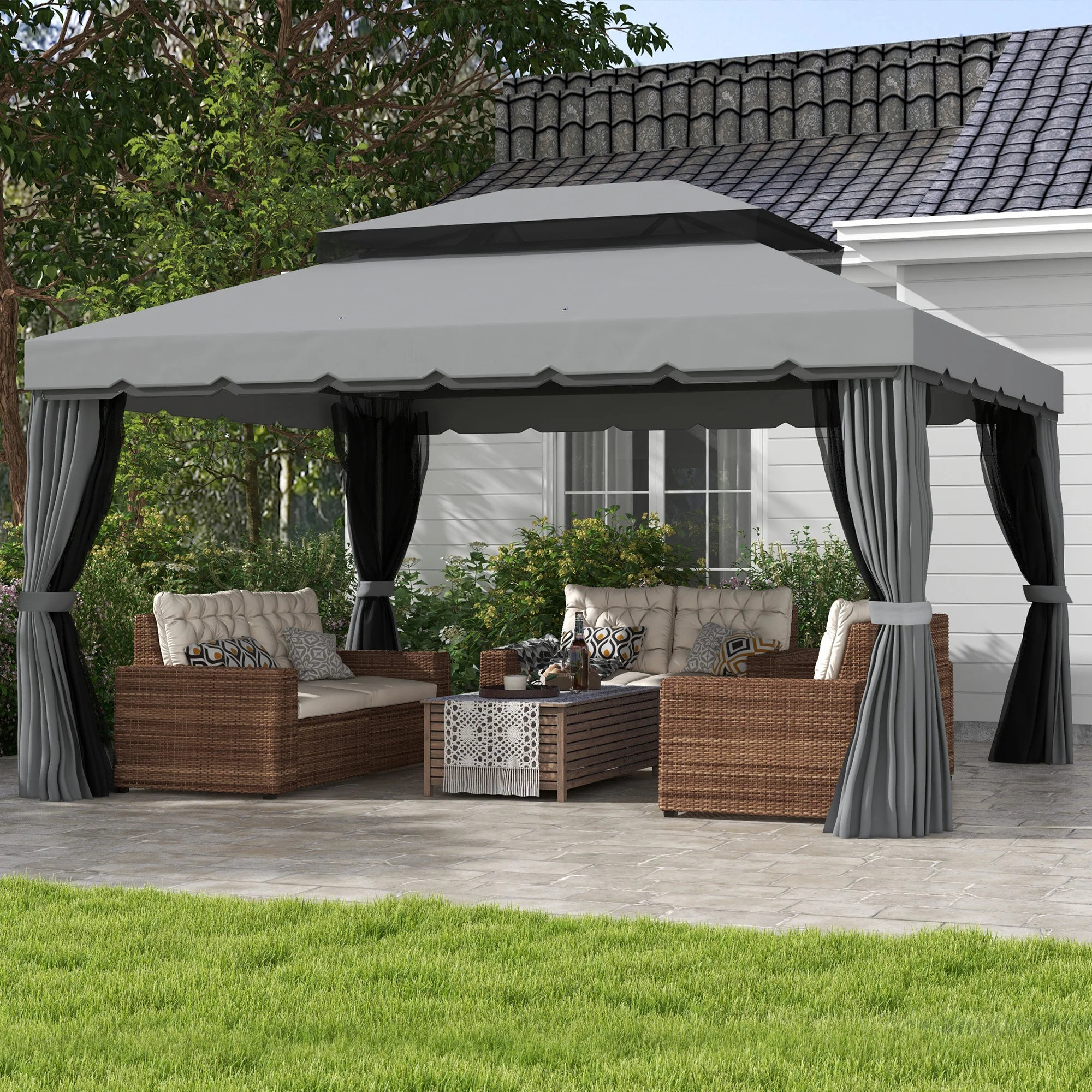 Outsunny 3x4m 2-Tier Gazebo Aluminium Garden Marquee Party Tent Light Grey - Image 11