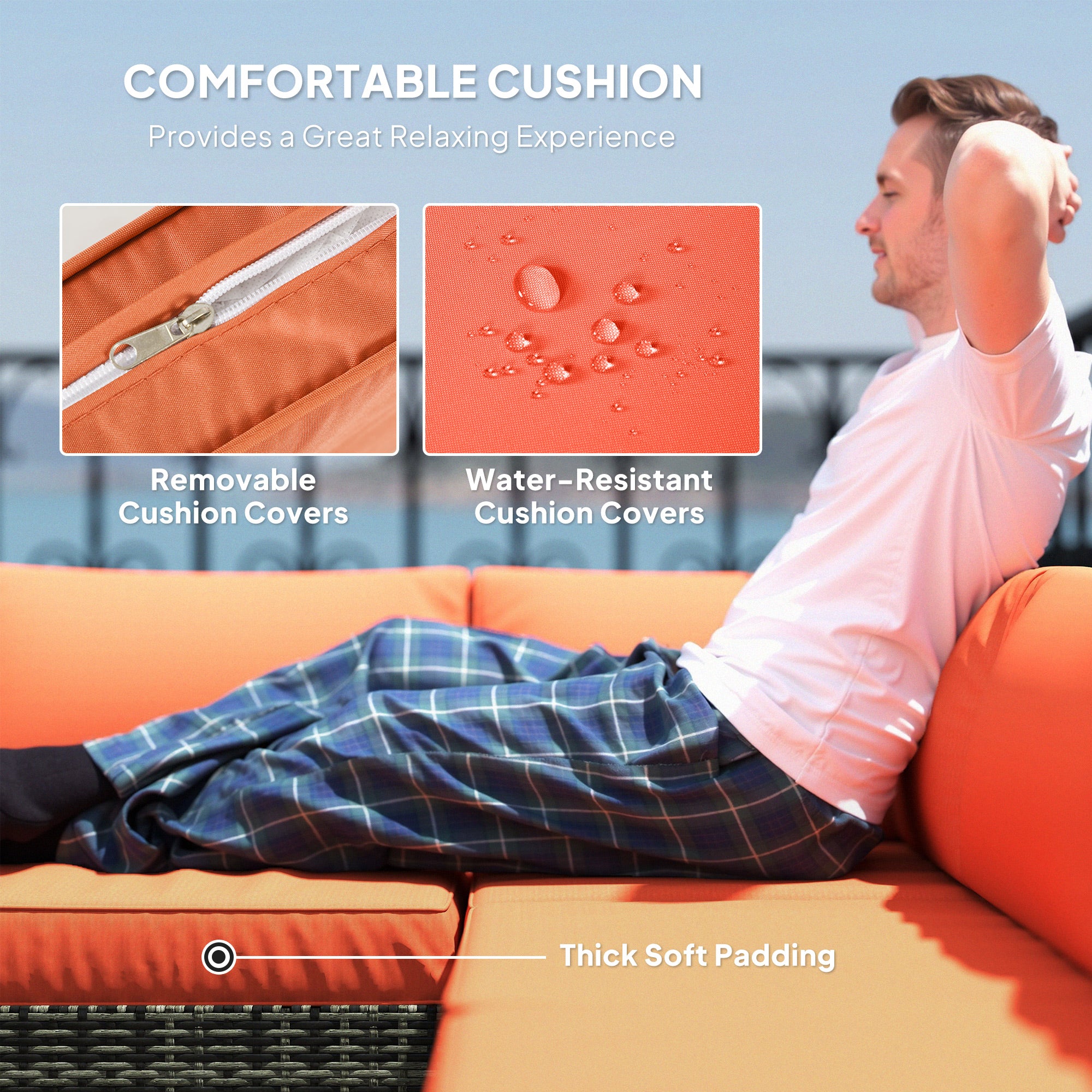 Outsunny 4 Pieces Rattan Garden Furniture Sofa Set with Coffee Table Orange - Image 4