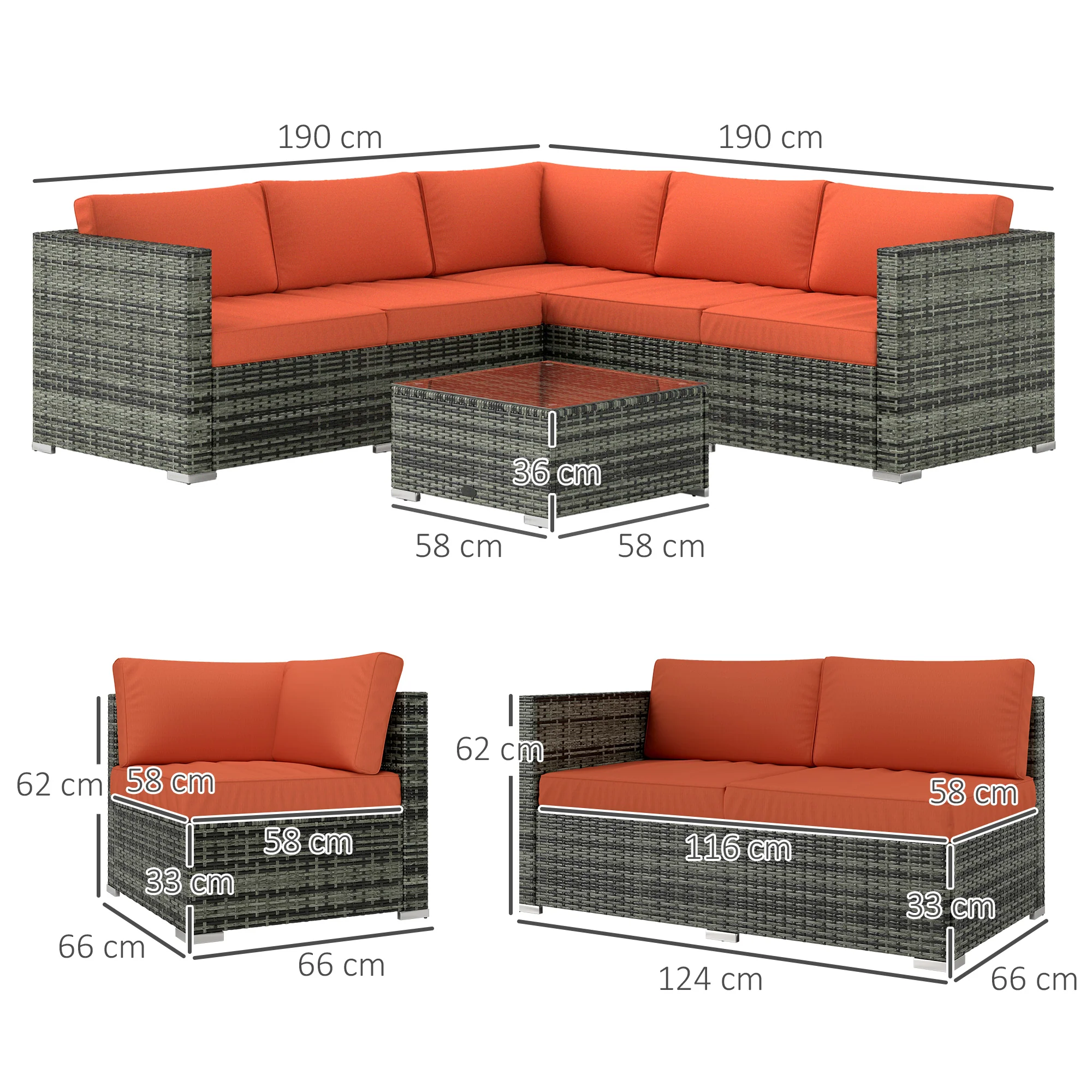 Outsunny 4 Pieces Rattan Garden Furniture Sofa Set with Coffee Table Orange - Image 5