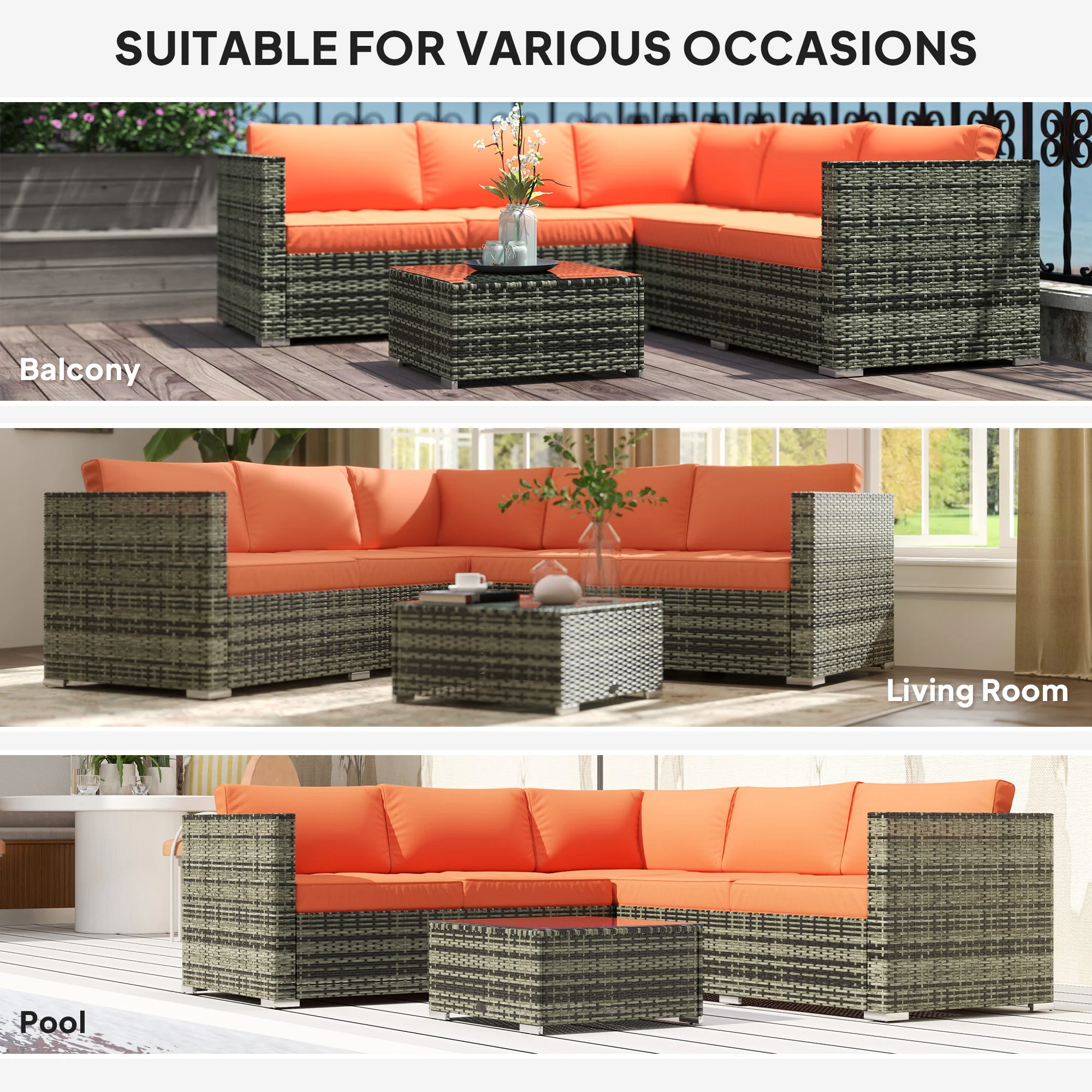 Outsunny 4 Pieces Rattan Garden Furniture Sofa Set with Coffee Table Orange - Image 7
