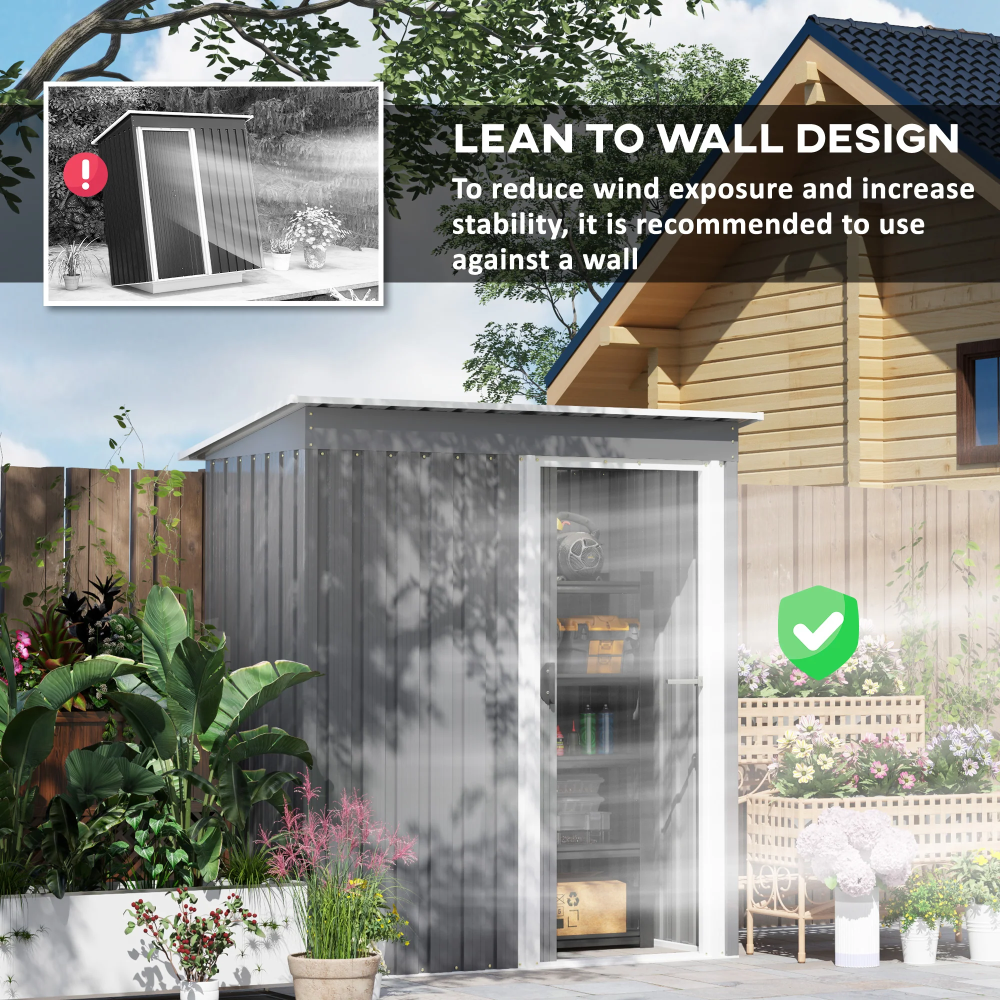 Outsunny 5 x 3ft Garden Storage Shed Sliding Door Sloped Roof Tool, Grey - Image 6