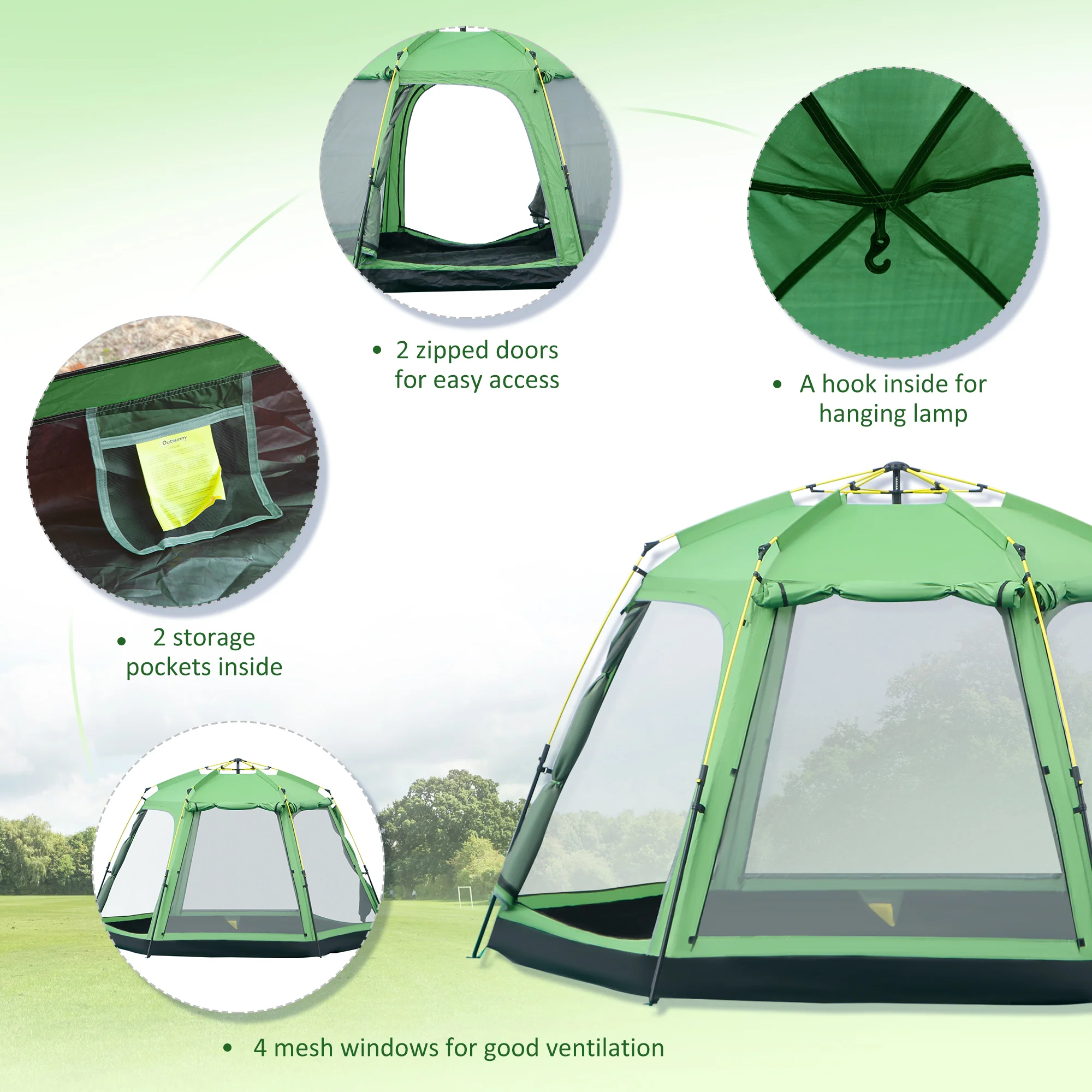 Outsunny 6 Person Pop Up Camping Tent, 2-Tier Design Backpacking Tent with 4 Windows 2 Doors Portable Carry Bag for Fishing Hiking, Green - Image 5