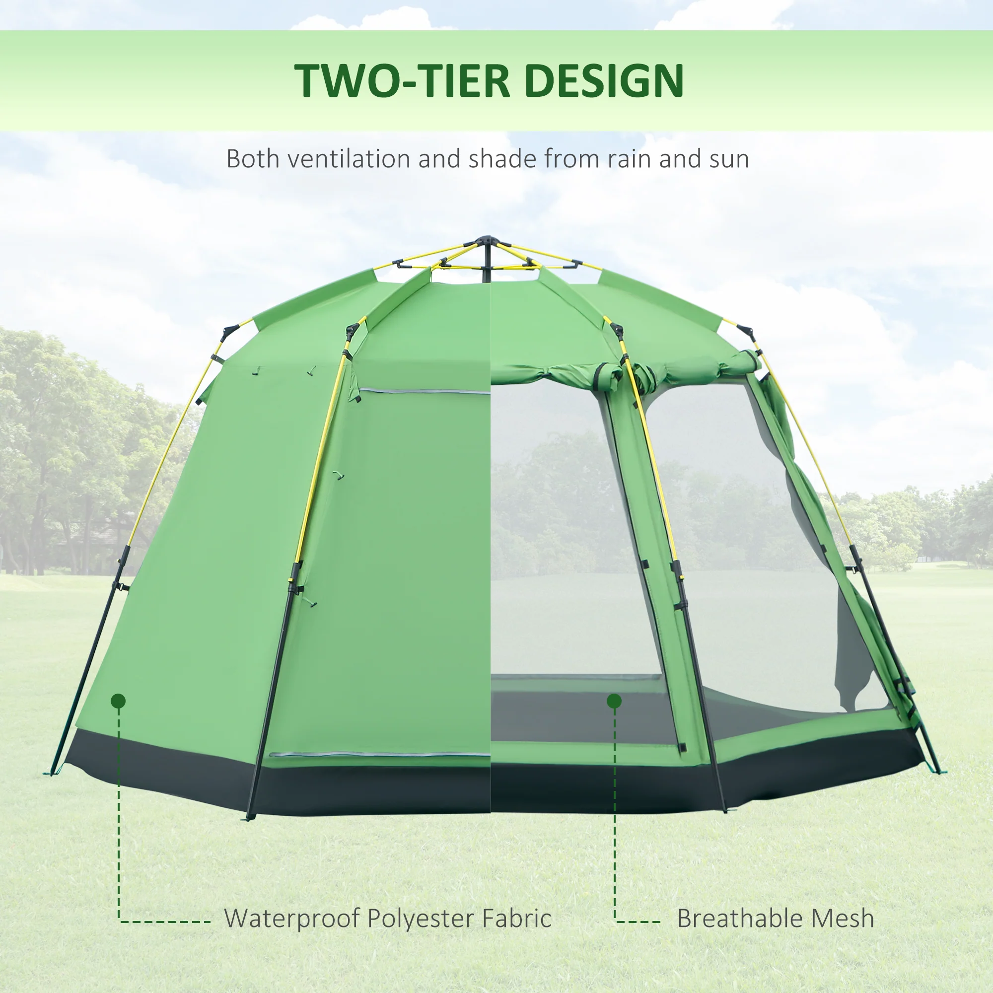 Outsunny 6 Person Pop Up Camping Tent, 2-Tier Design Backpacking Tent with 4 Windows 2 Doors Portable Carry Bag for Fishing Hiking, Green - Image 6